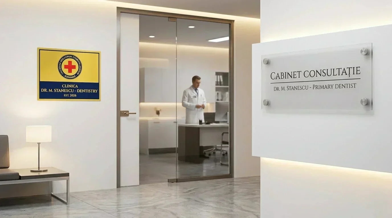 Semnalistica Cabinetului Tău: Ghid Complet pentru Placă Firmă, Plăcuțe Ușă și Ecusoane