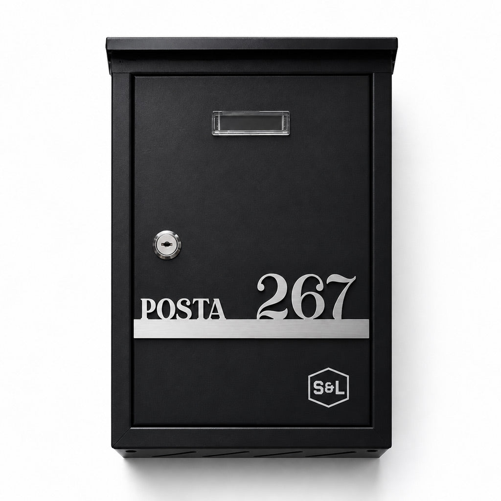 Design personalizat cu nume pentru cutie postala antracit, dimensiuni 23x35x8 cm.