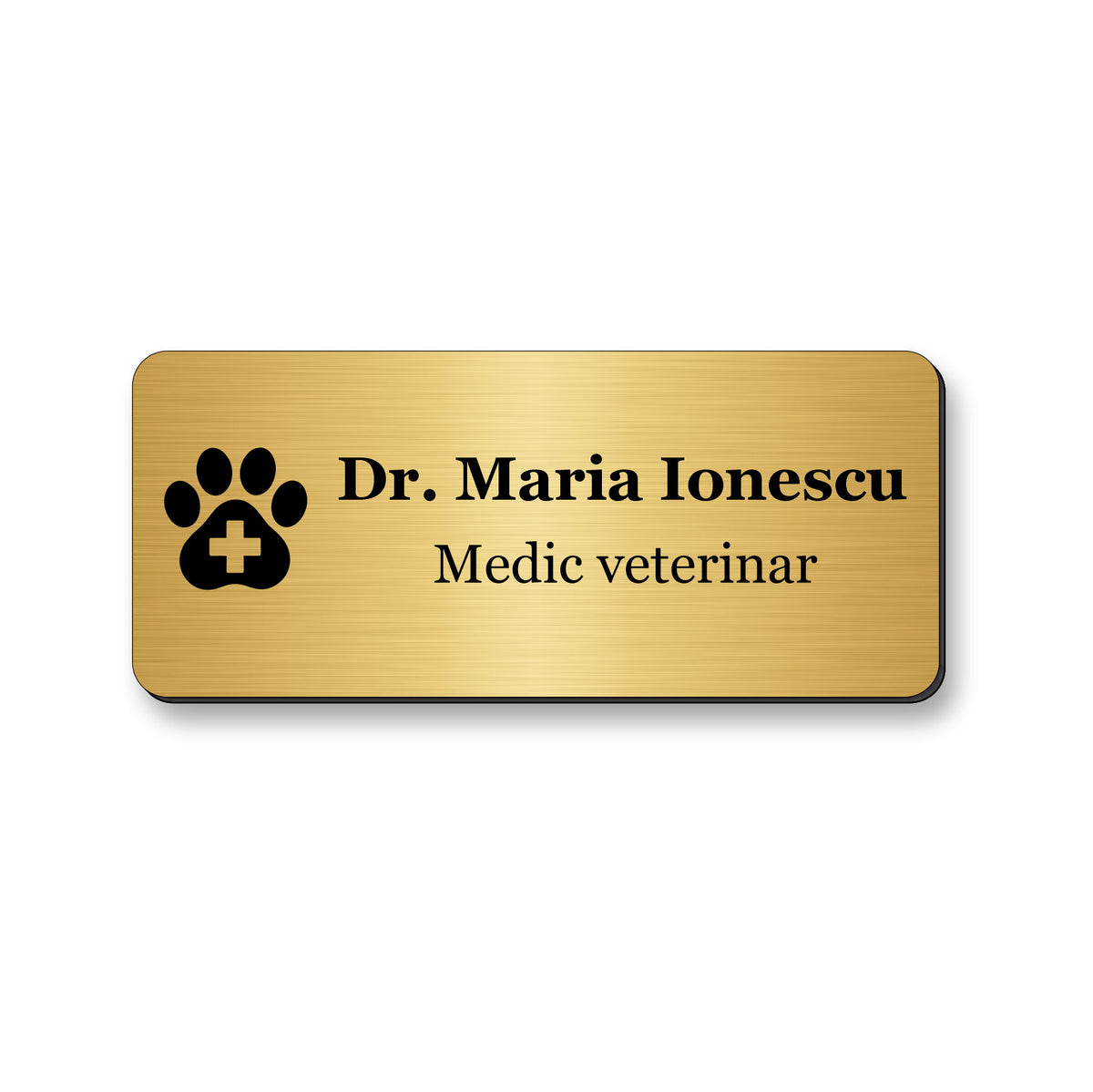 Ecuson medic veterinar auriu cu text si simbol negru, personalizat prin gravura laser