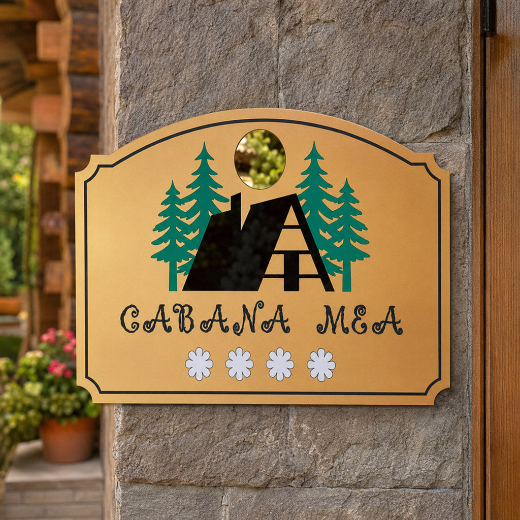 Placa personalizata pentru cabana cu logo si text, realizata din mozaic de plexiglas pentru exterior