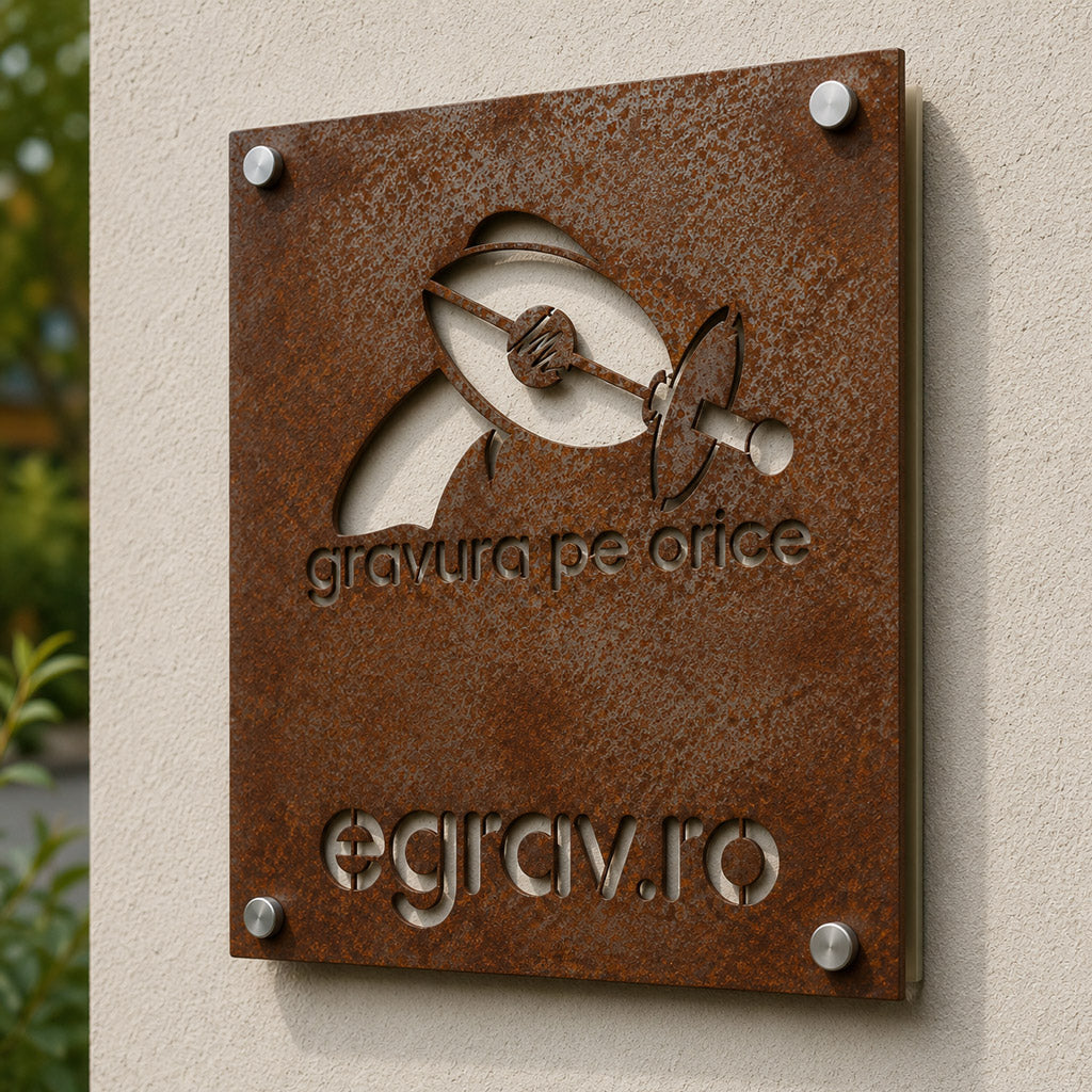 Placa de firma personalizata din otel cu patina de rugina naturala si decupaj laser pentru exterior