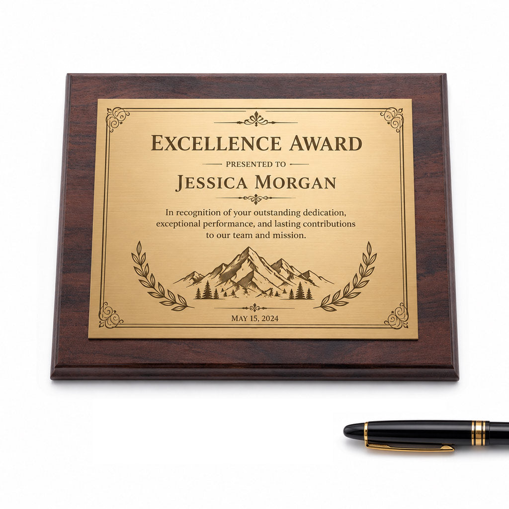 Plachetă omagială personalizabilă de 15 × 20 cm, cu suport negru și placă aurie
