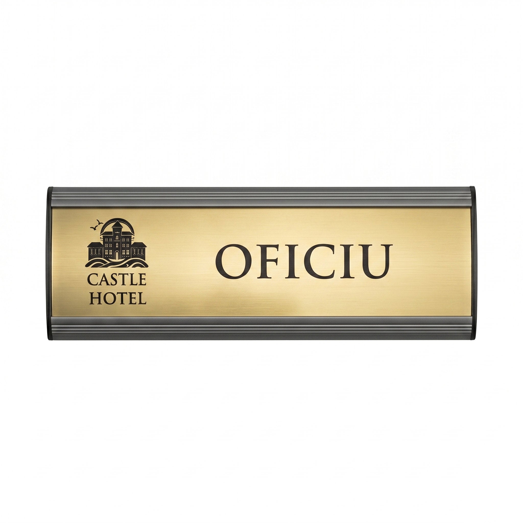 Placuta premium auriu periat pentru usa birou cu text negru gravat laser.