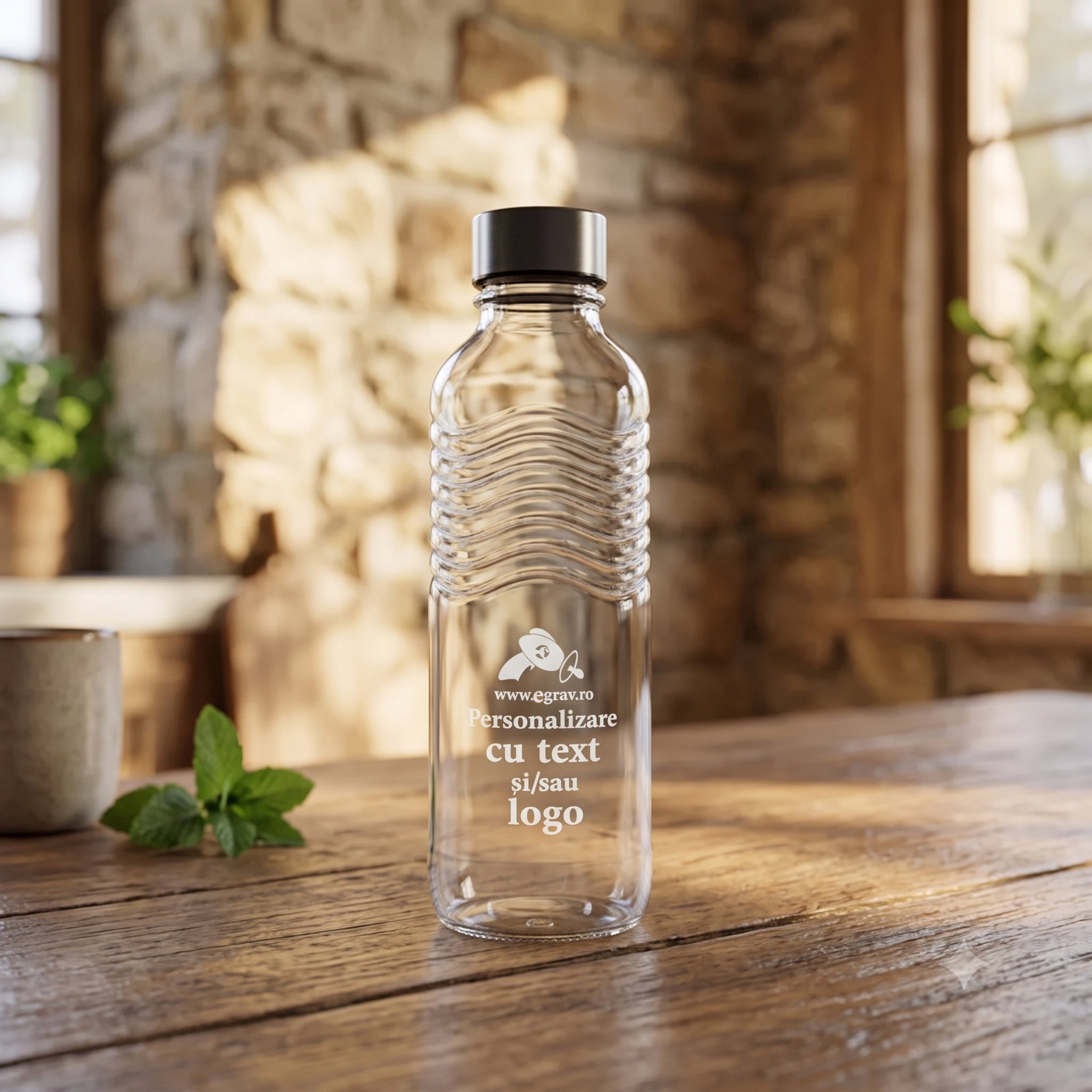 O sticlă mare de 1.25L gravată personalizat, afișată într-un cadru elegant de lemn.