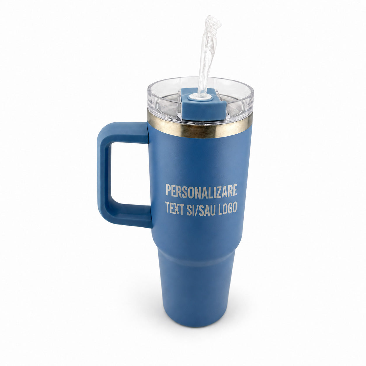 Termos albastru cu maner si gravura personalizata cu text sau logo.