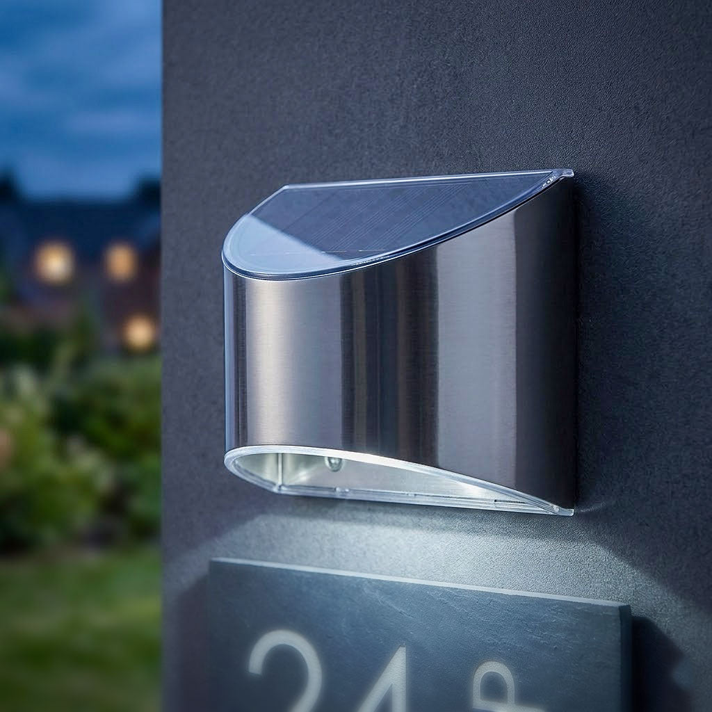 Aplica solara LED din otel inoxidabil cu design modern curbat, montata pe o fatada de casa de culoare gri, iluminand un numar de casa si o placuta cu numele strazii. Imagine de tip close-up intr-un decor exterior.