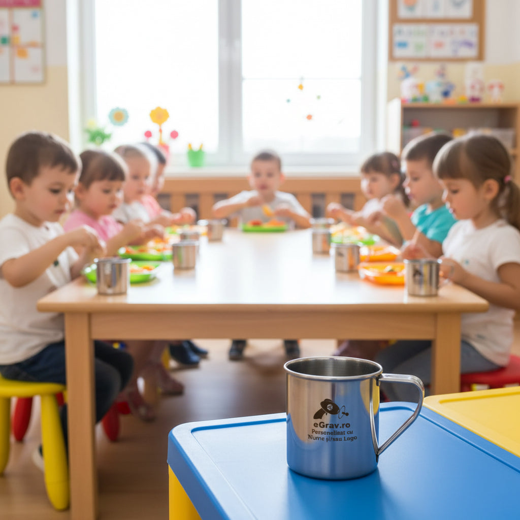 cana inox personalizata pentru gradinita cu nume logo – copii la masa