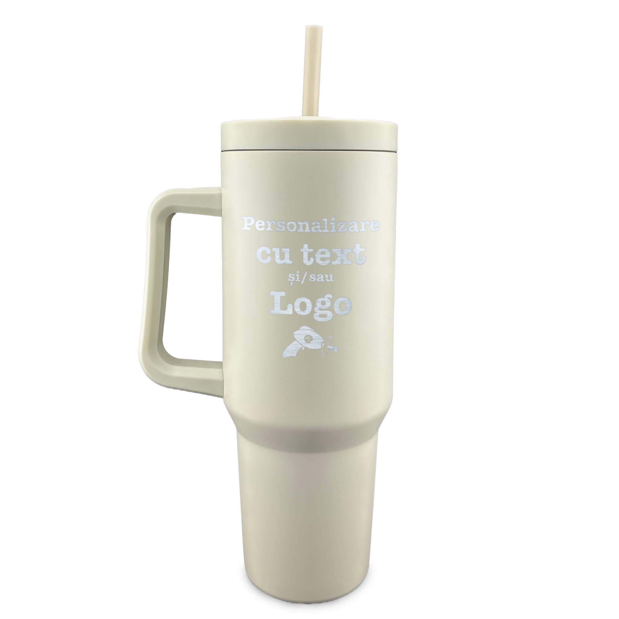 Cana termos ecru mat personalizata cu nume si logo – exemplu gravura