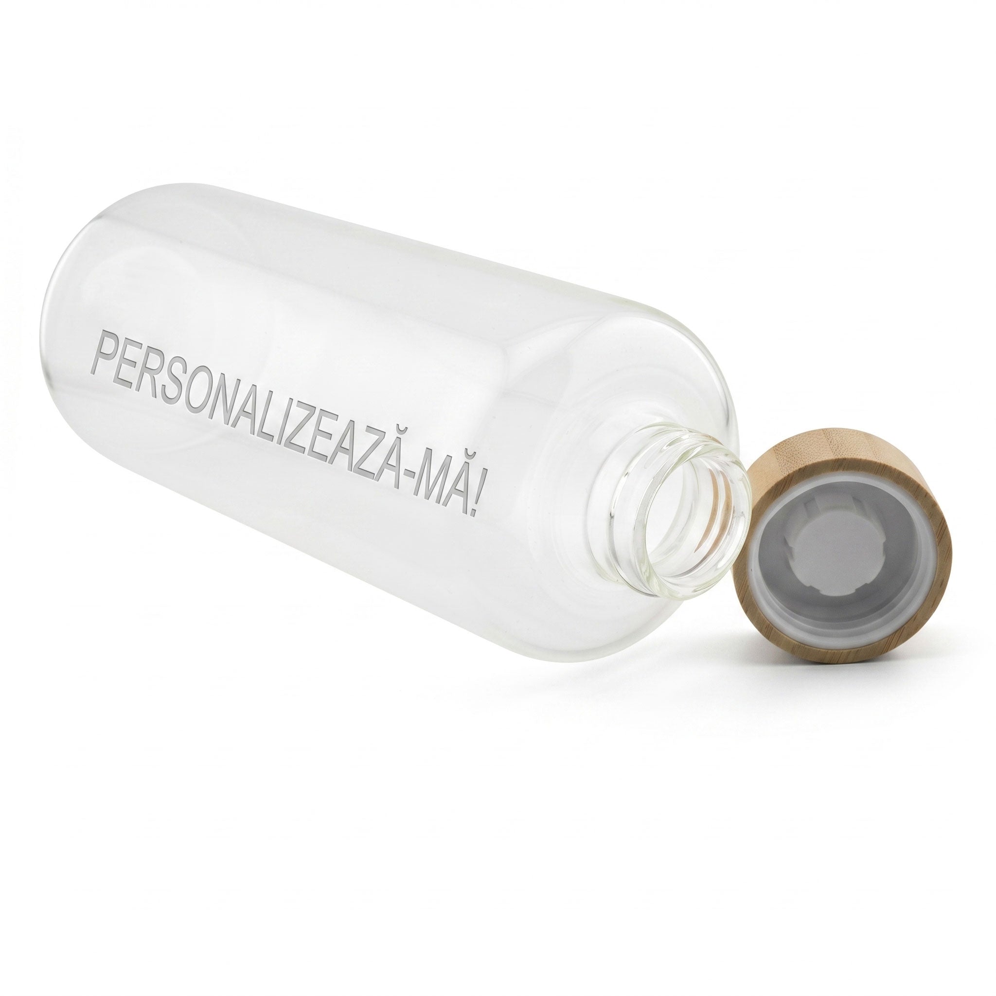 Detaliu capac din lemn cu filet interior si sticla de 1L personalizabila.
