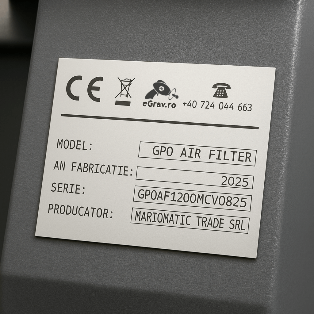 Placuta de aluminiu gravata laser cu informatii despre utilaj si informatii despre producator