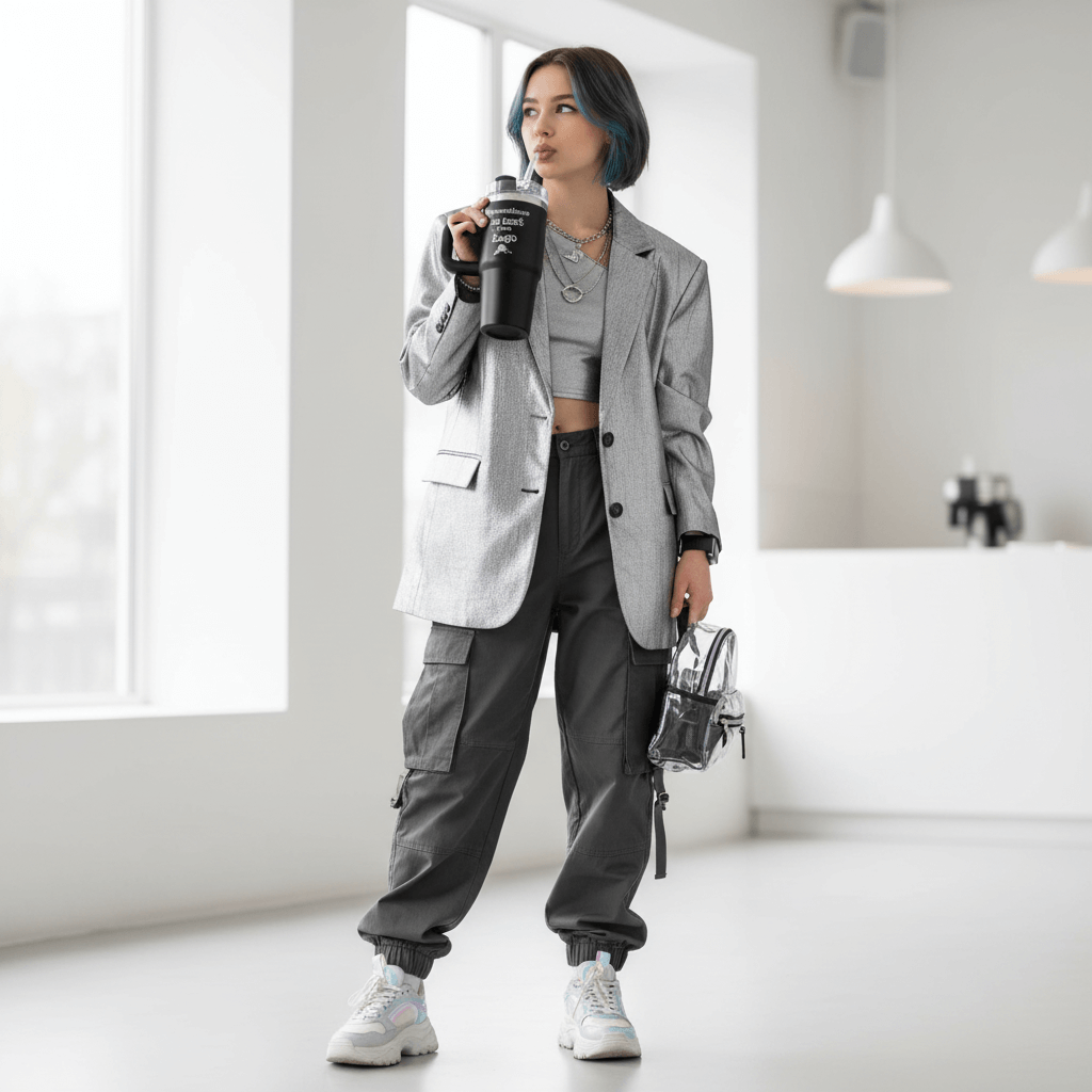 Gagica cool cu un termos personalizat negru mat din care bea apa