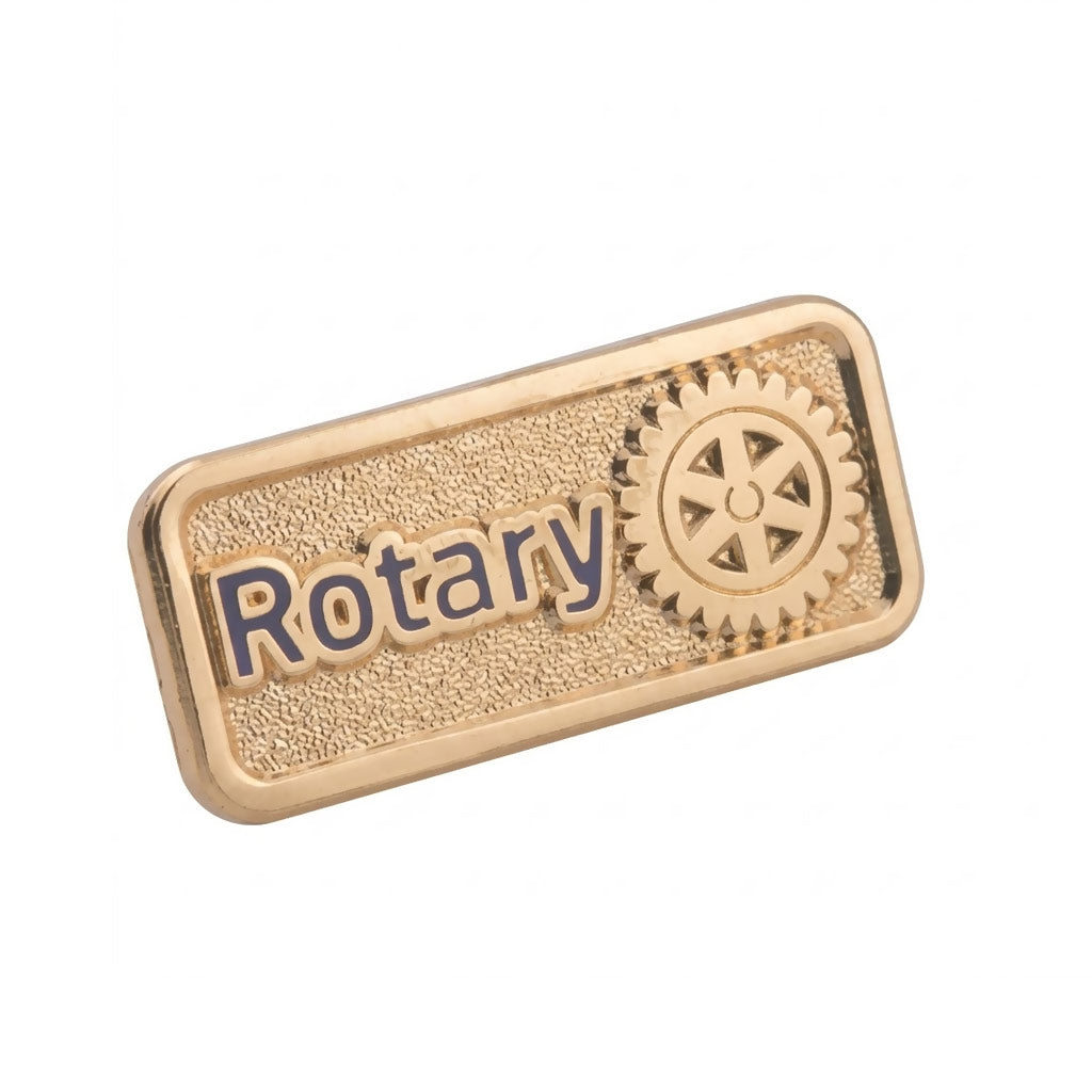 Insigna metalica tip pin Rotary cu format dreptunghiular, avand fundal metalic texturat si elemente grafice emailate.
