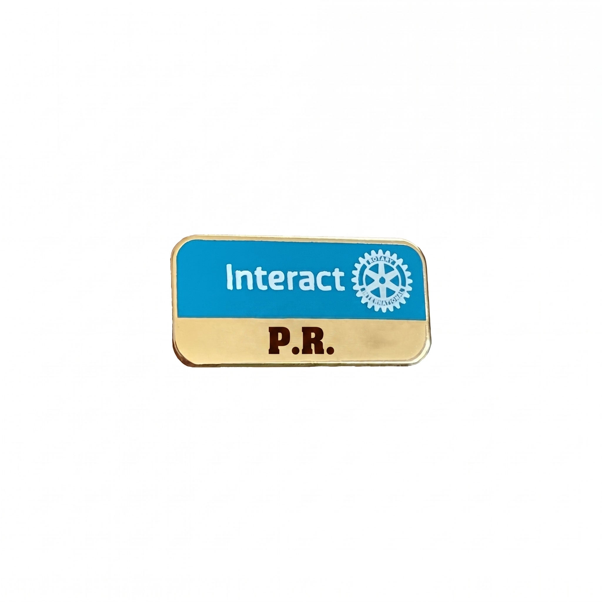Insigna pin metalica pentru functia de PR in clubul Interact, realizata din metal stantat si placata cu aur de 24k.