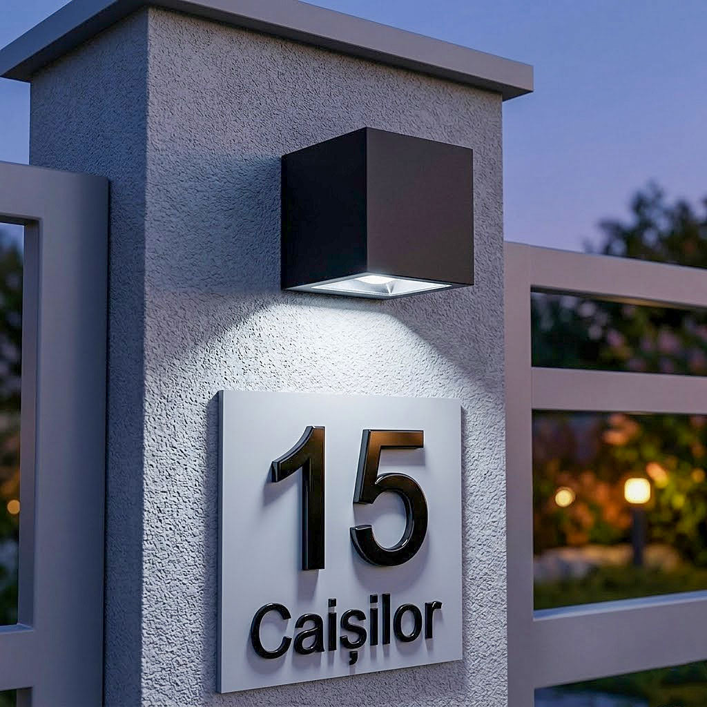 Lampa solara LED tip cub (8x8cm) pentru numar casa. Design negru mat, senzor automat si protectie IP65. Iluminat exterior modern si eficient pe eGrav.ro!