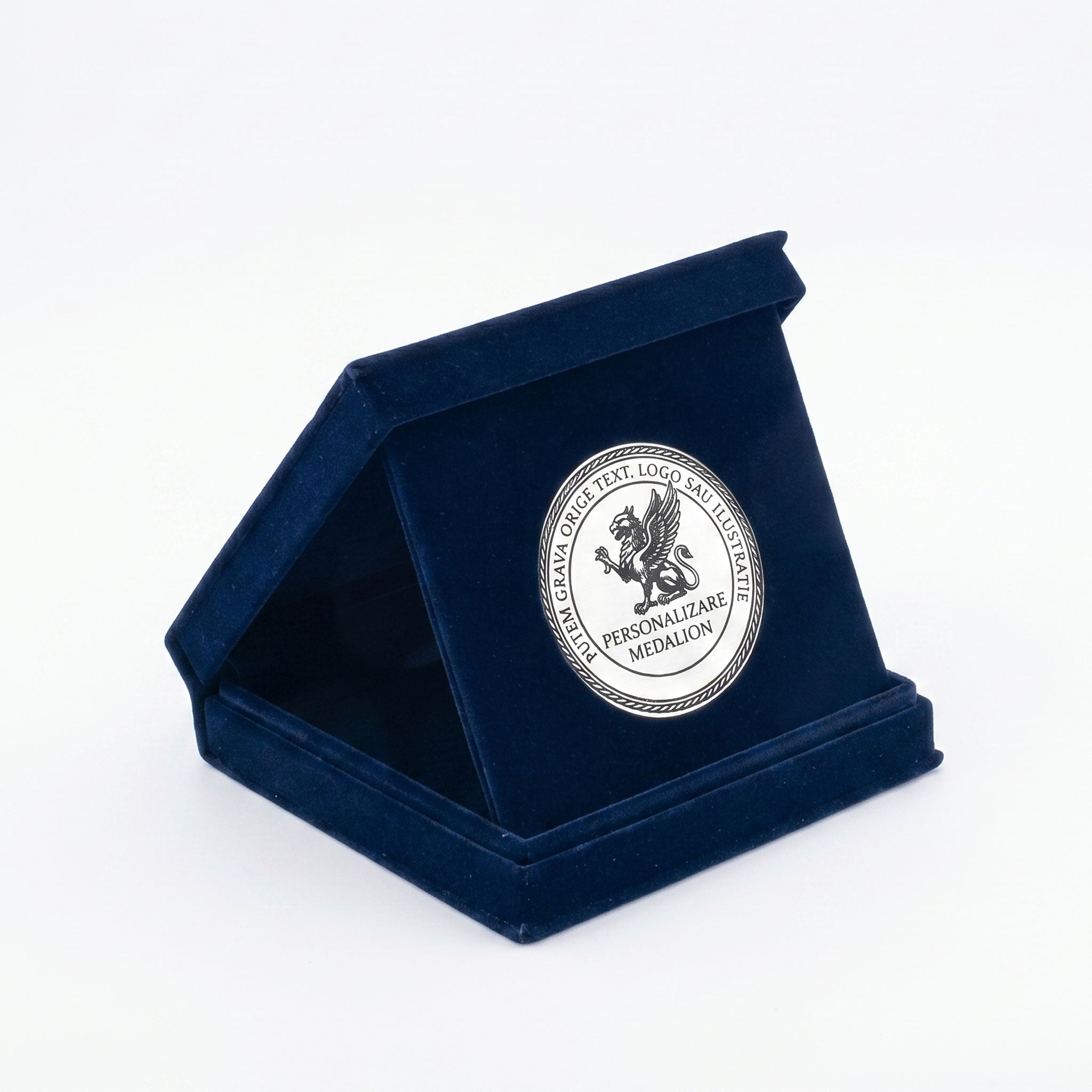Sistem de expunere tip mapa pentru medalie personalizata cu cutie, dimensiune 10x10 cm, interior si exterior bleu marin.