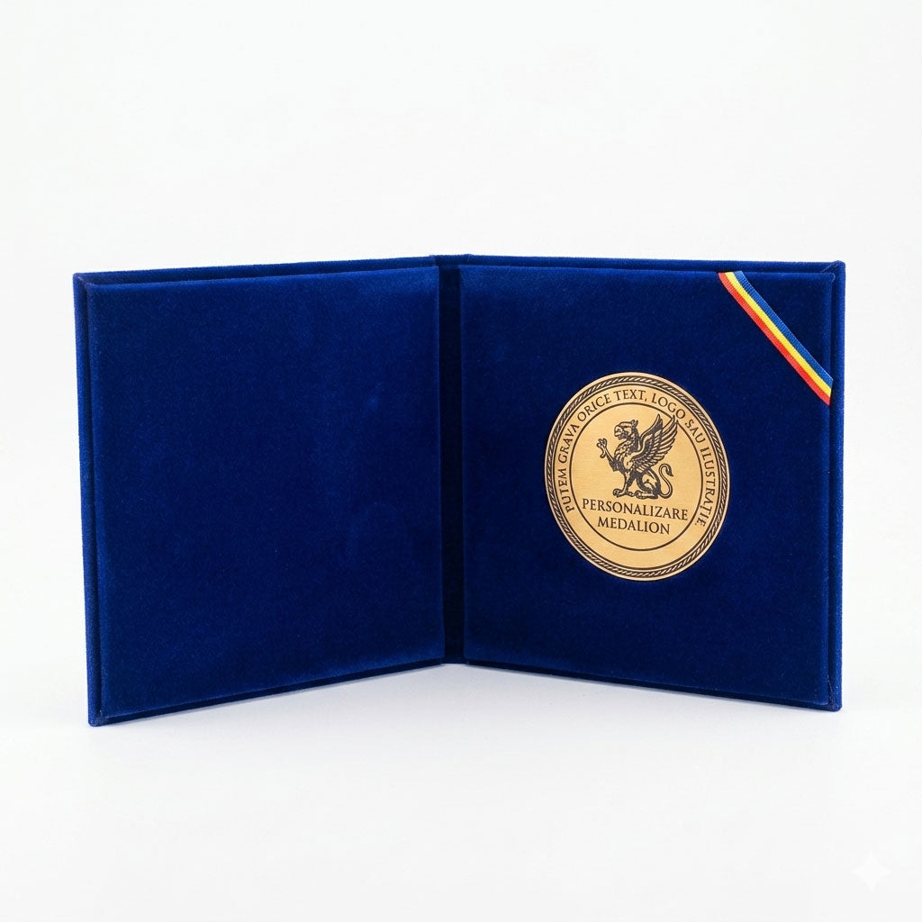 Interior mapa medalie personalizata cu detaliu tricolor si tip bronz 50mm.
