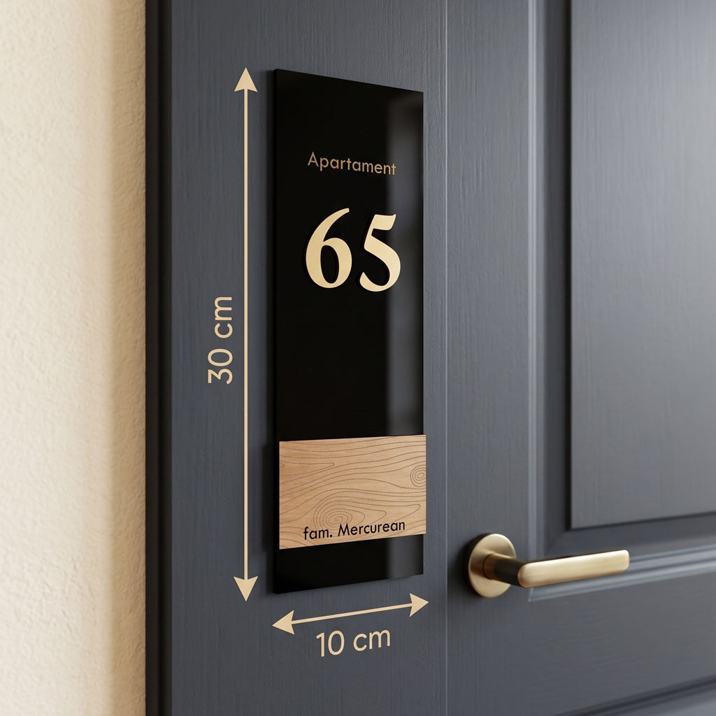 Placuta moderna cu numar de apartament in format vertical Column, finisaj premium din metal texturat pentru usi si hoteluri.