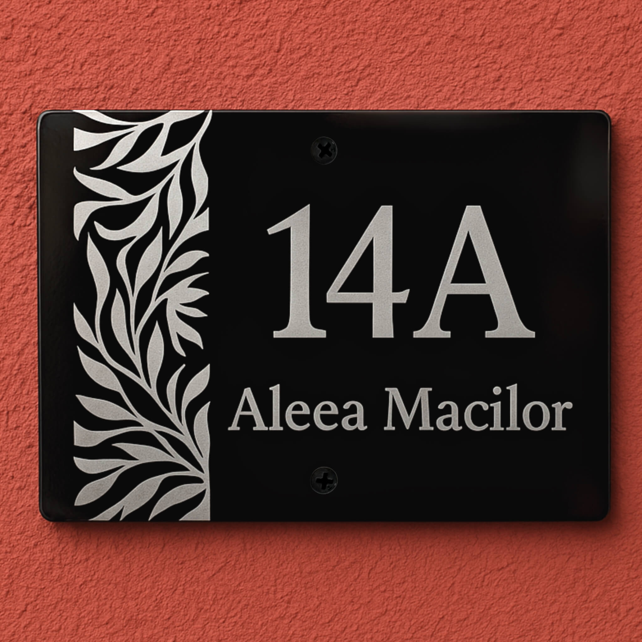 Numar casa AluCore Landscape Arbor negru mat, gravura laser, vedere frontala. Personalizare 14A Aleea Macilor