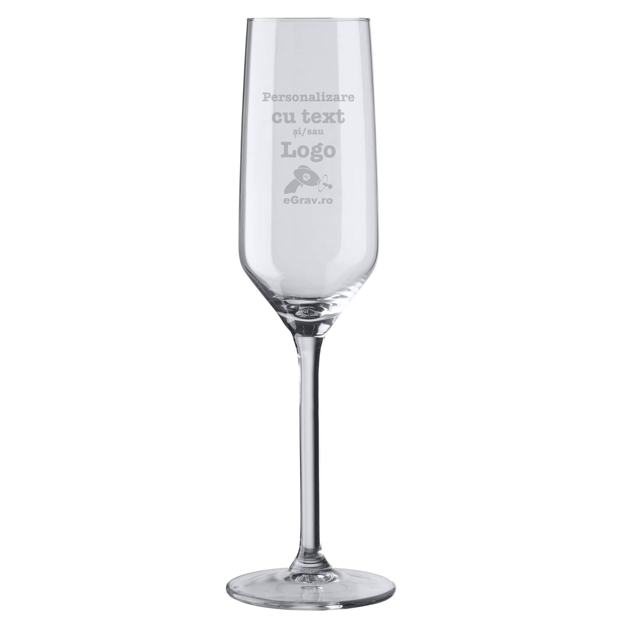 Pahar sampanie personalizat 220 ml Linea Carre gravura text logo fundal alb