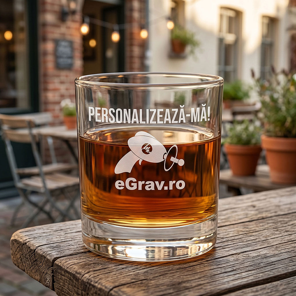 Pahar de whiskey personalizat model Classic cu fund ingreunat si design minimalist, cadou elegant pentru barul de acasa.