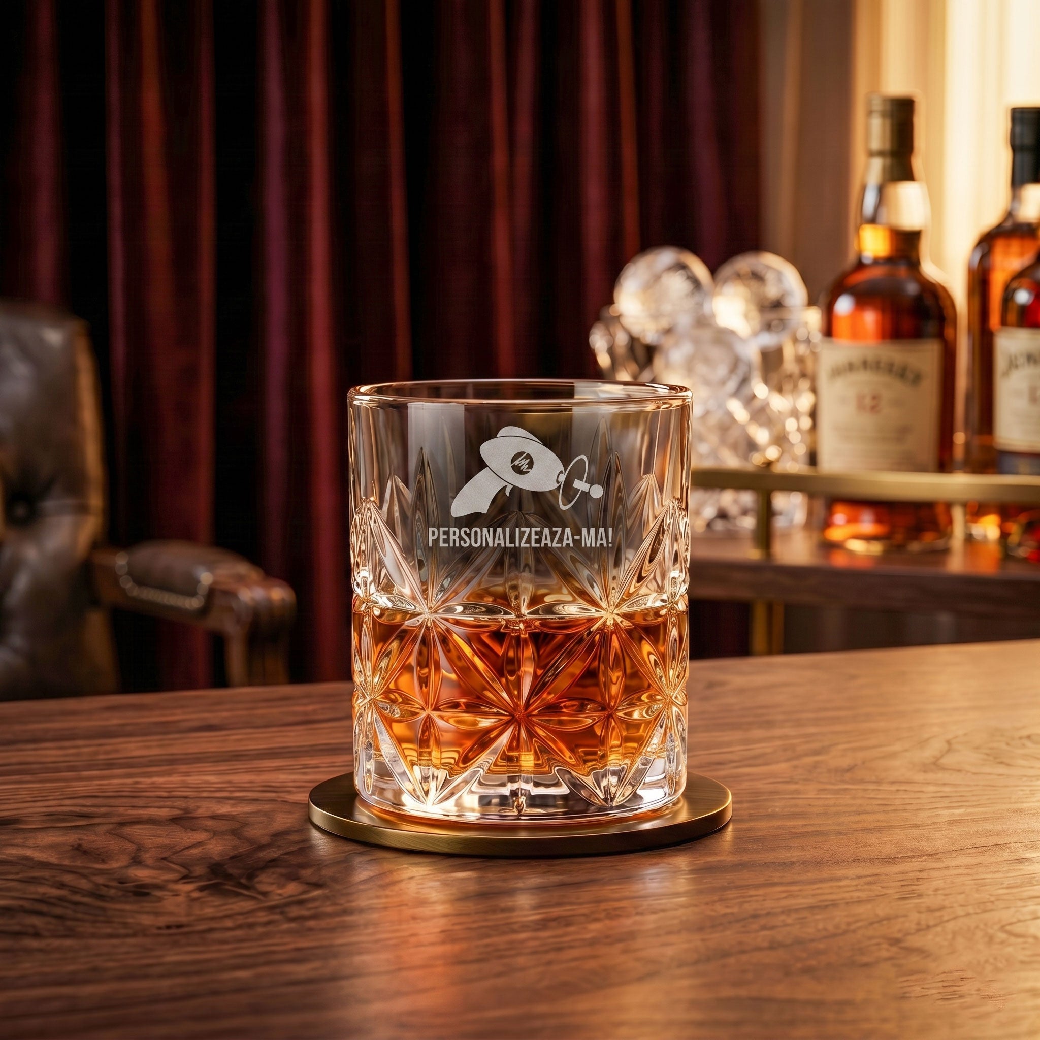 Pahar de whiskey model ICE din sticla premium cu taieturi geometrice, personalizat prin gravura laser.
