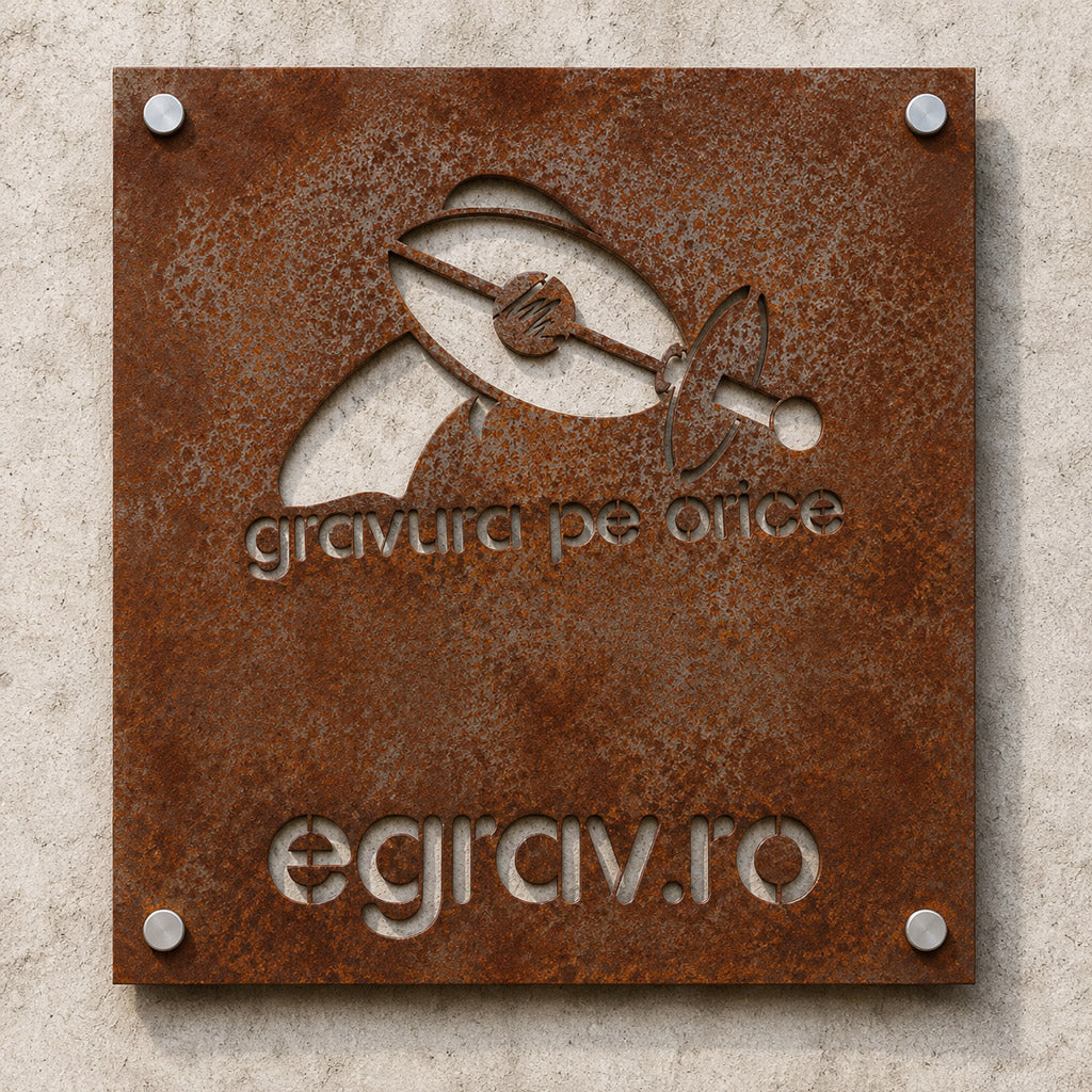Placa Firma din Otel Ruginit, Stil Corten – Decupata Laser