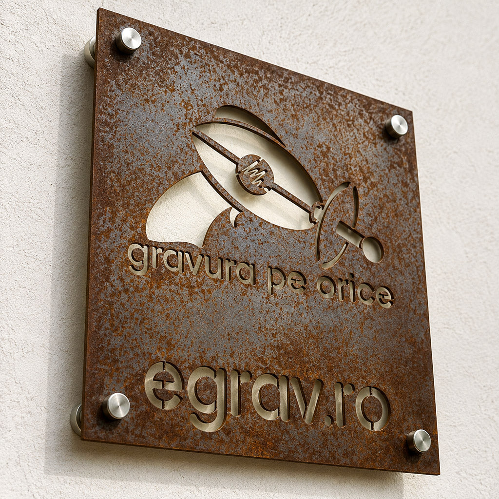 Placa Firma din Otel Ruginit, Stil Corten – Decupata Laser