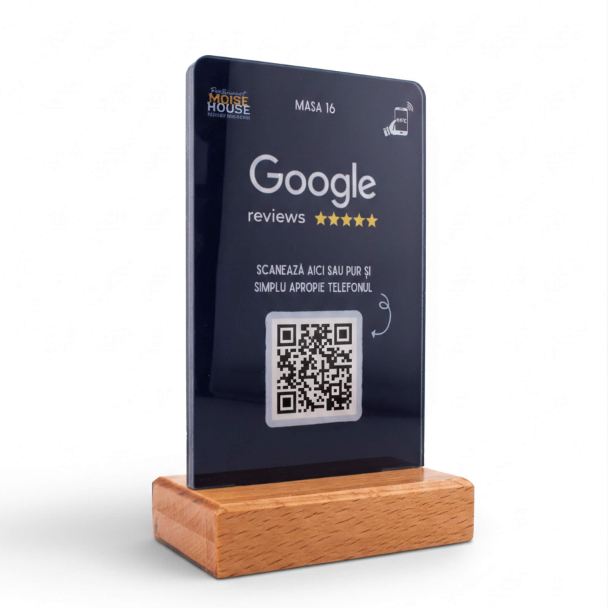 Stand QR NFC premium din acril cu print UV protejat in interior 12x8 cm - vedere front