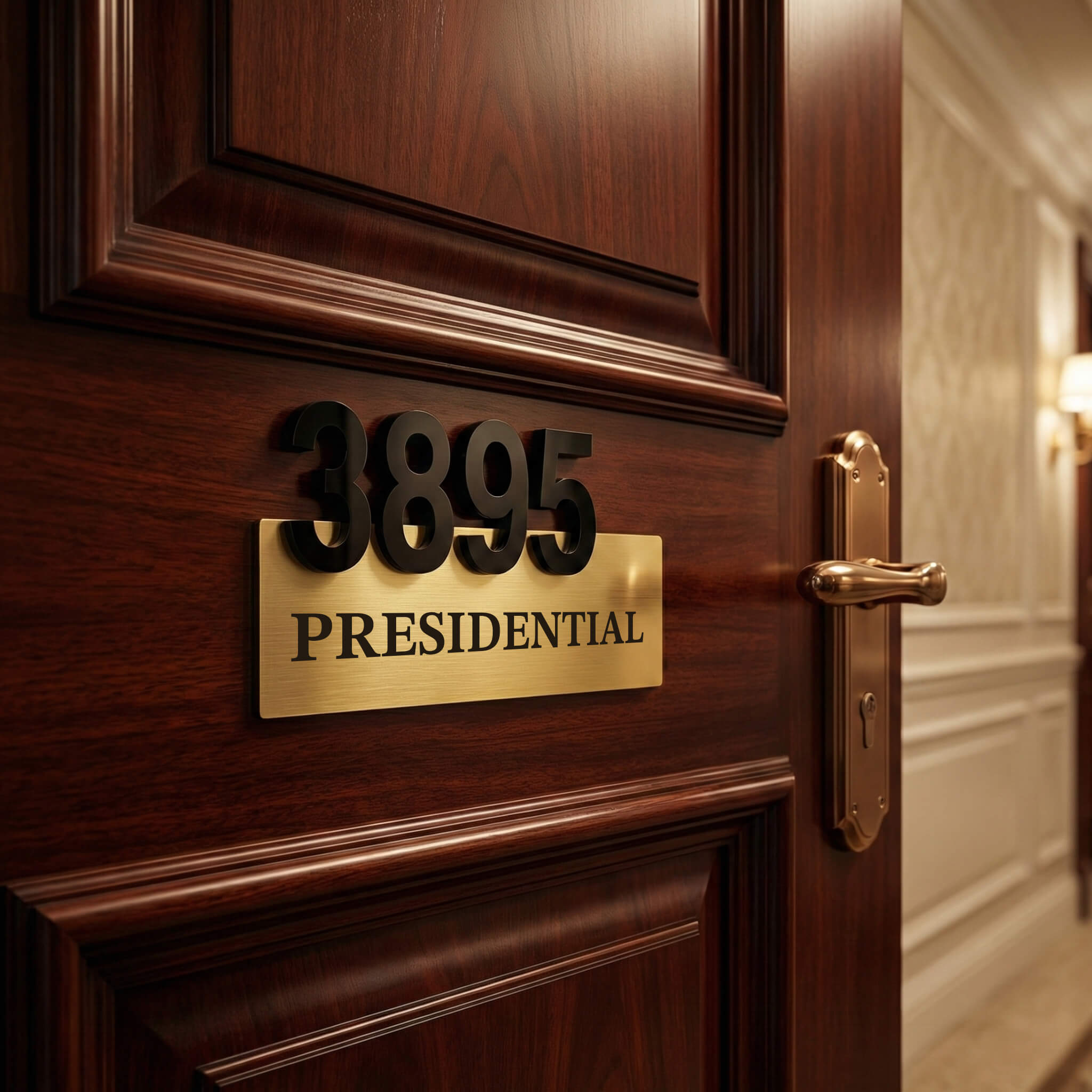 numar camera hotel stratum 3895 auriu periat 20cm cifre 3d acrilic negru text presidential pe usa lemn