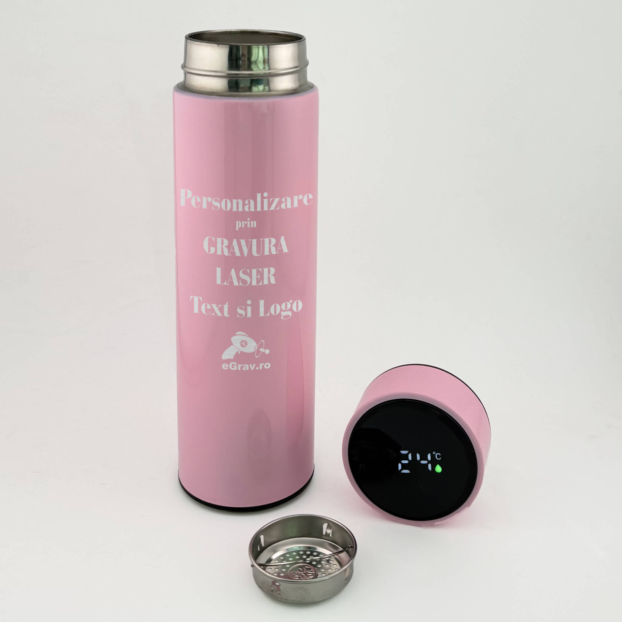 Termos roz personalizat si capac cu termometru