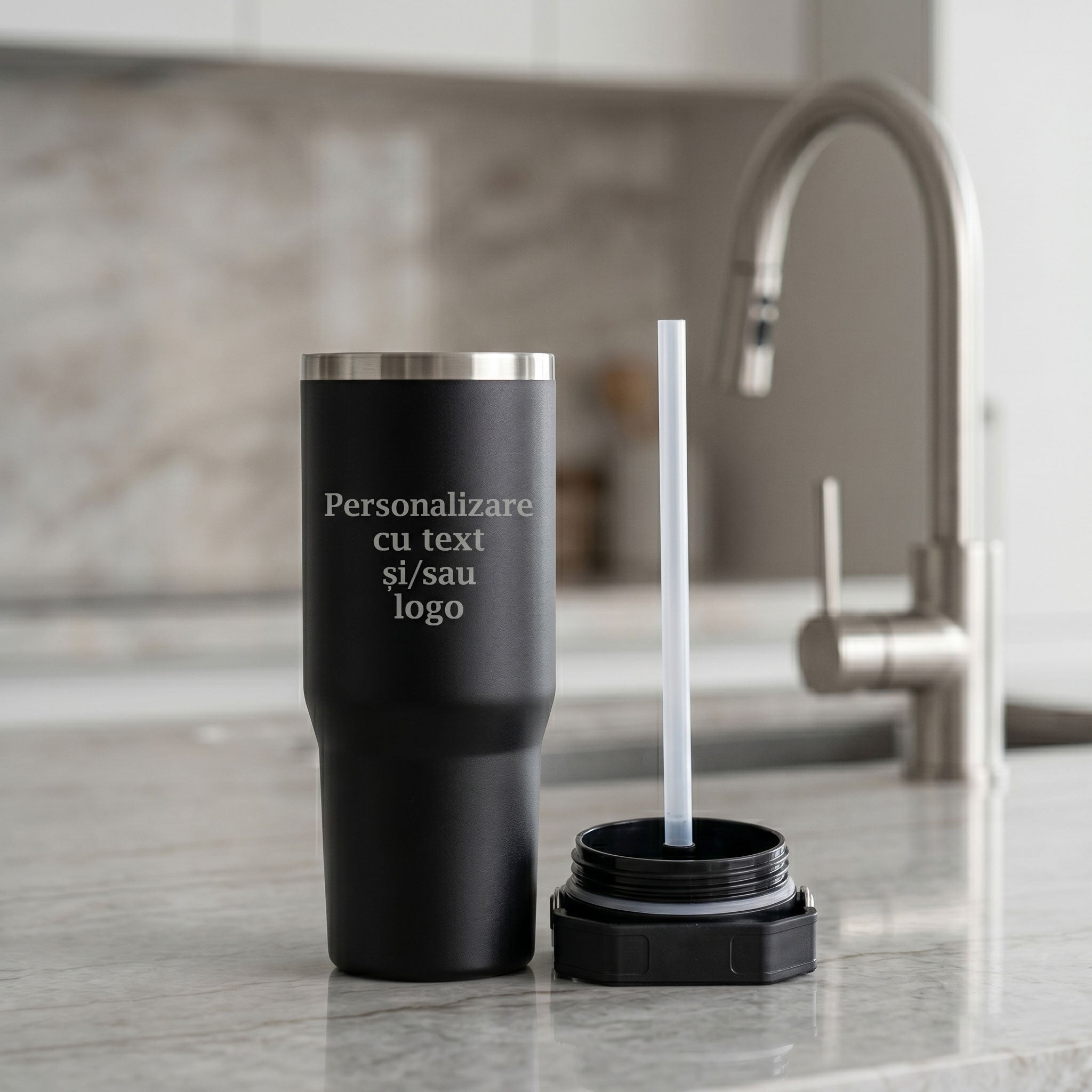 Termos izolat din inox de 890ml prevazut cu pai de plastic detasabil in interior.