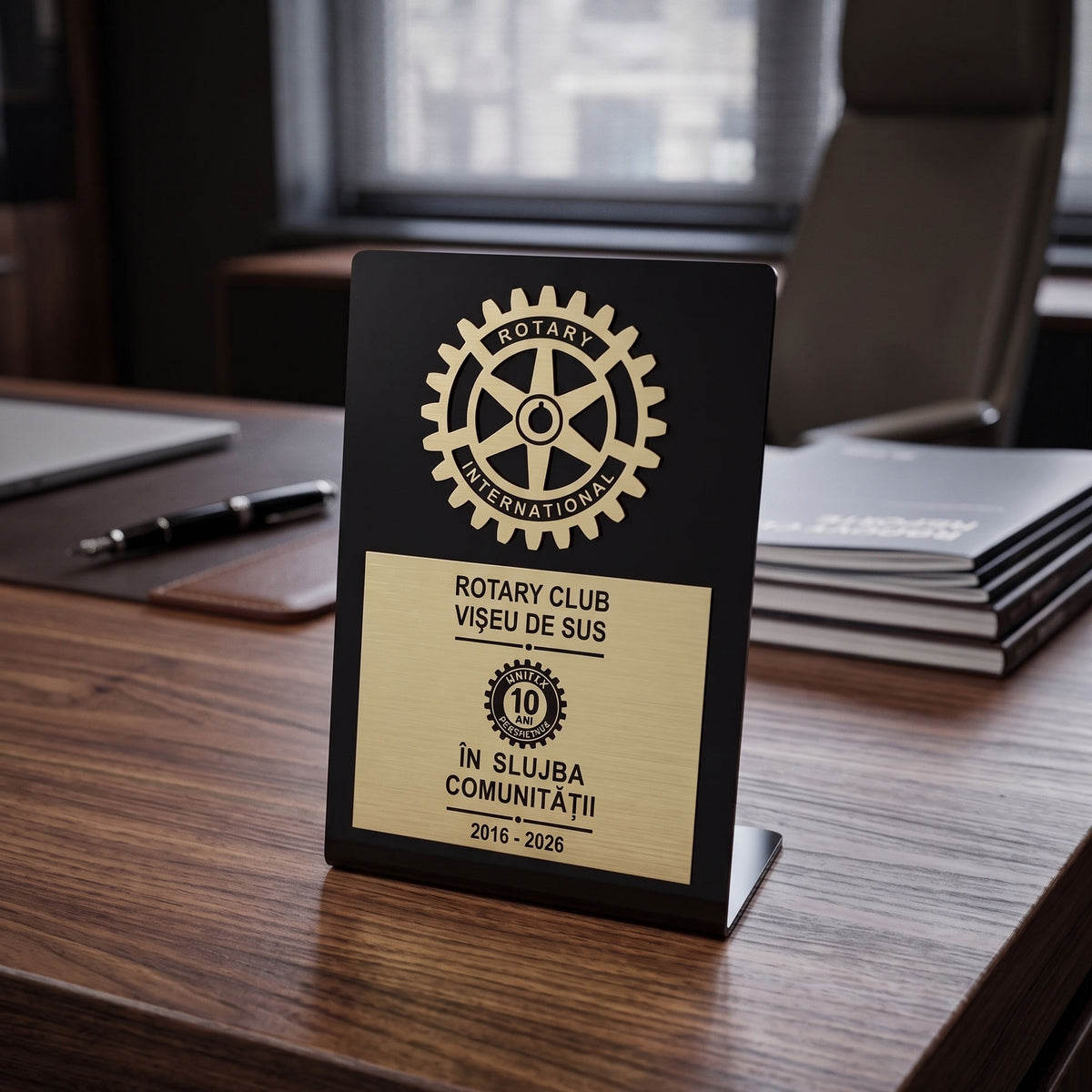 Trofeu personalizat auriu cu gravura neagra oferit ca distinctie Rotary