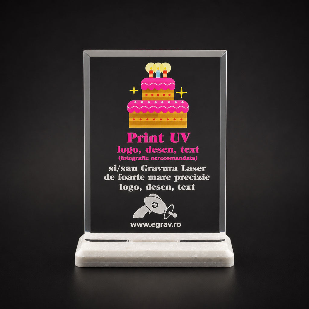 Trofeu personalizat Model E de 16 cm inaltime, forma dreptunghiulara clasica, personalizat prin print UV color si fixat pe talpa din piatra compozita Avonite.