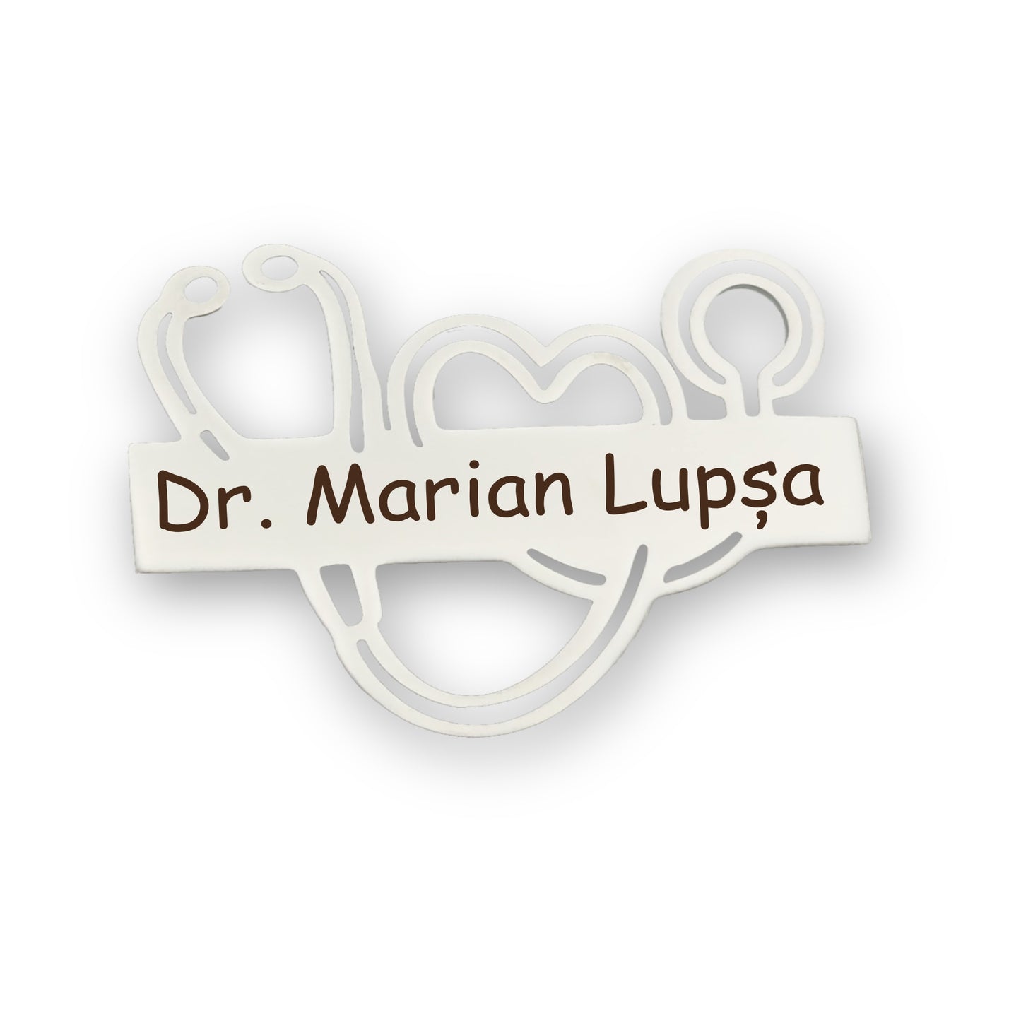 Ecuson medical forma stetoscop din inox cu finisaj argintiu (silver), personalizat prin gravura laser cu nume sau titlu.