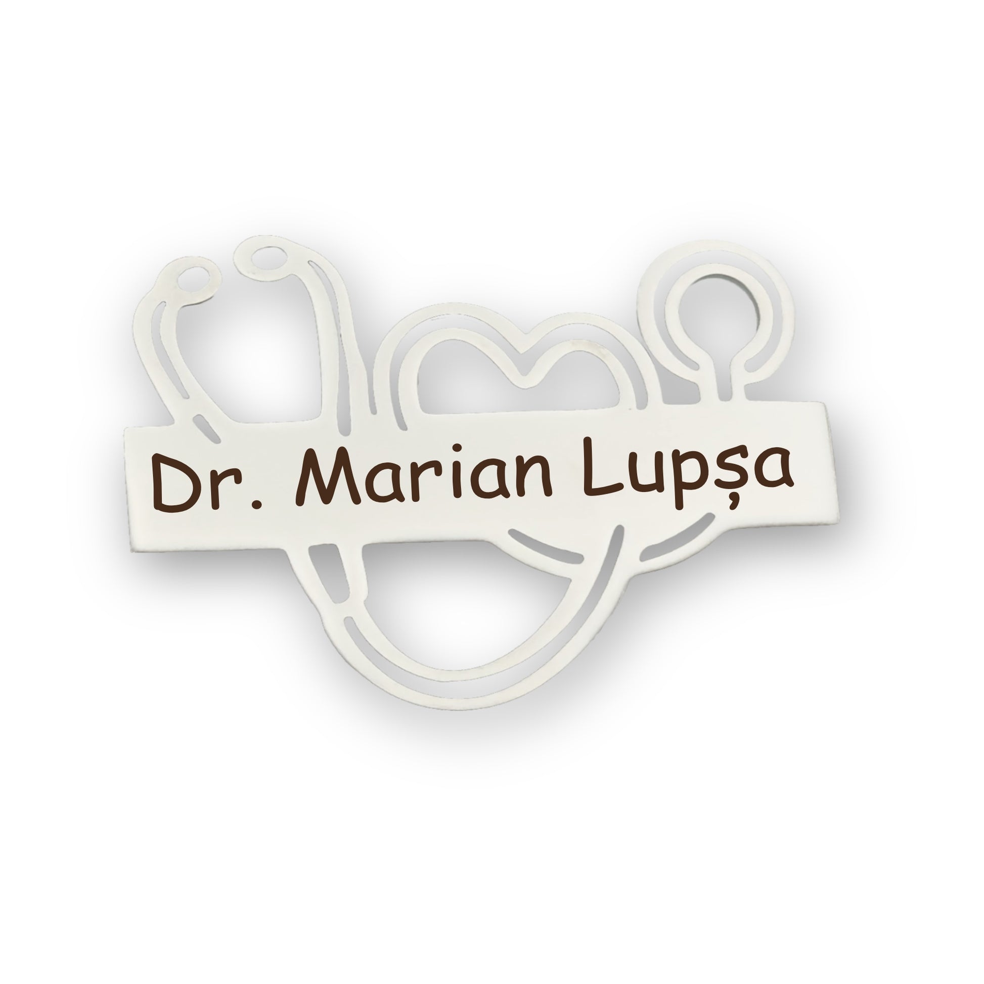 Ecuson medical forma stetoscop din inox cu finisaj argintiu (silver), personalizat prin gravura laser cu nume sau titlu.