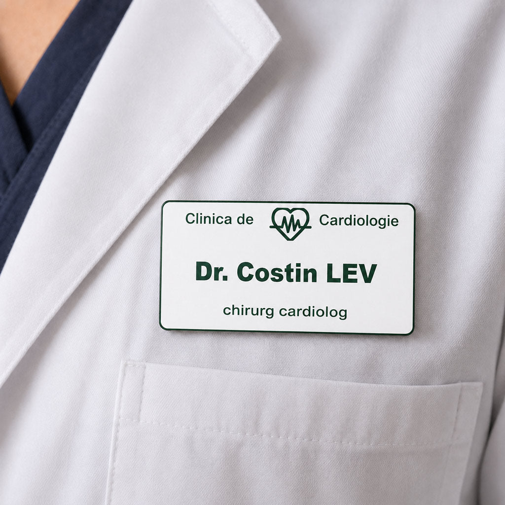 Ecuson personalizat 8x4 cm auriu cu text verde, purtat la piept de medic