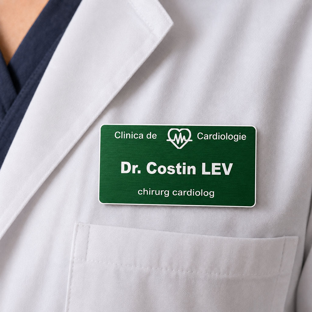 Ecuson personalizat 8x4 cm verde cu text alb, purtat la piept de medic