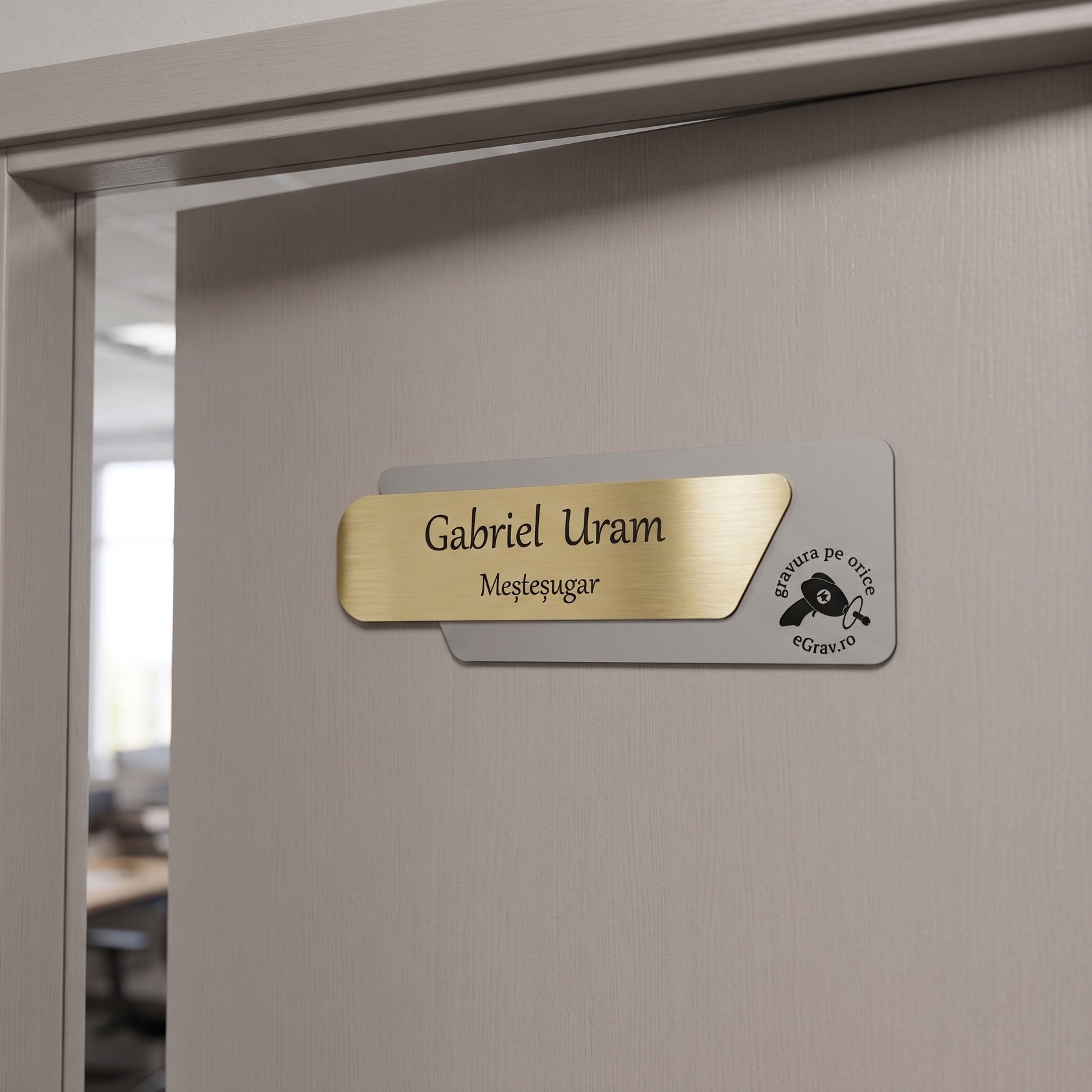 Plăcuță asimetrică completă pentru ușă de birou, varianta din metal auriu periat cu bază gri mat, montată pe o ușă modernă într-un decor office.