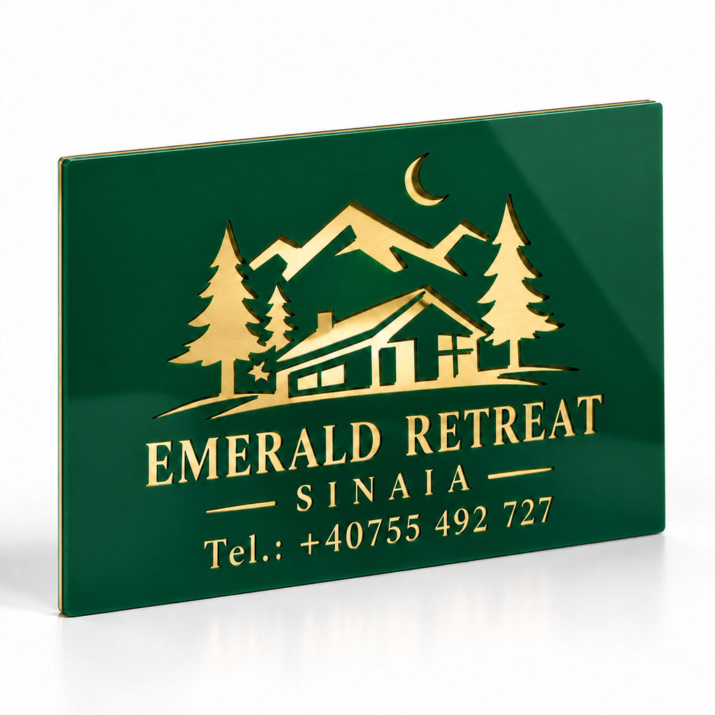 Placa firma Emerald Retreat Sinaia 30 x 20 cm, cu fundal verde si gravura aurie, vedere din lateral