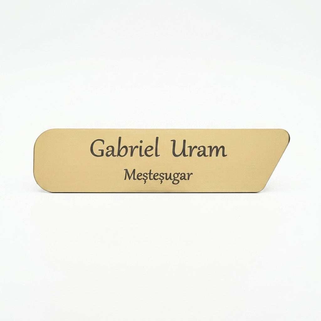 Placuta de identificare simpla pentru birou din metal auriu periat, cu taietura asimetrica pe coltul din dreapta, gravata cu textul „Gabriel Uram Mestasugar”, pe fundal alb.