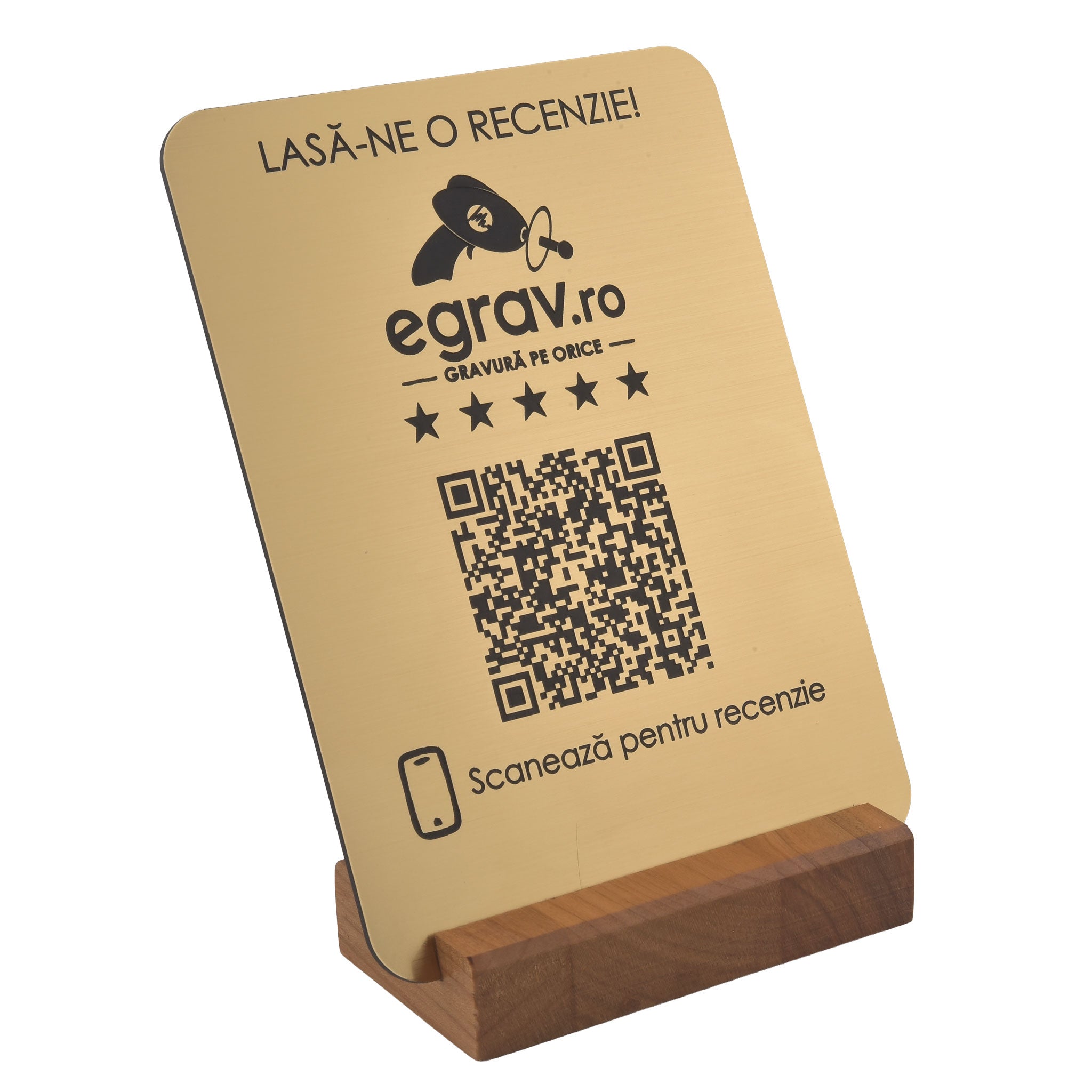 Stand Placa QR pentru Recenzii Google, Auriu cu Talpa Lemn, 17x11 cm