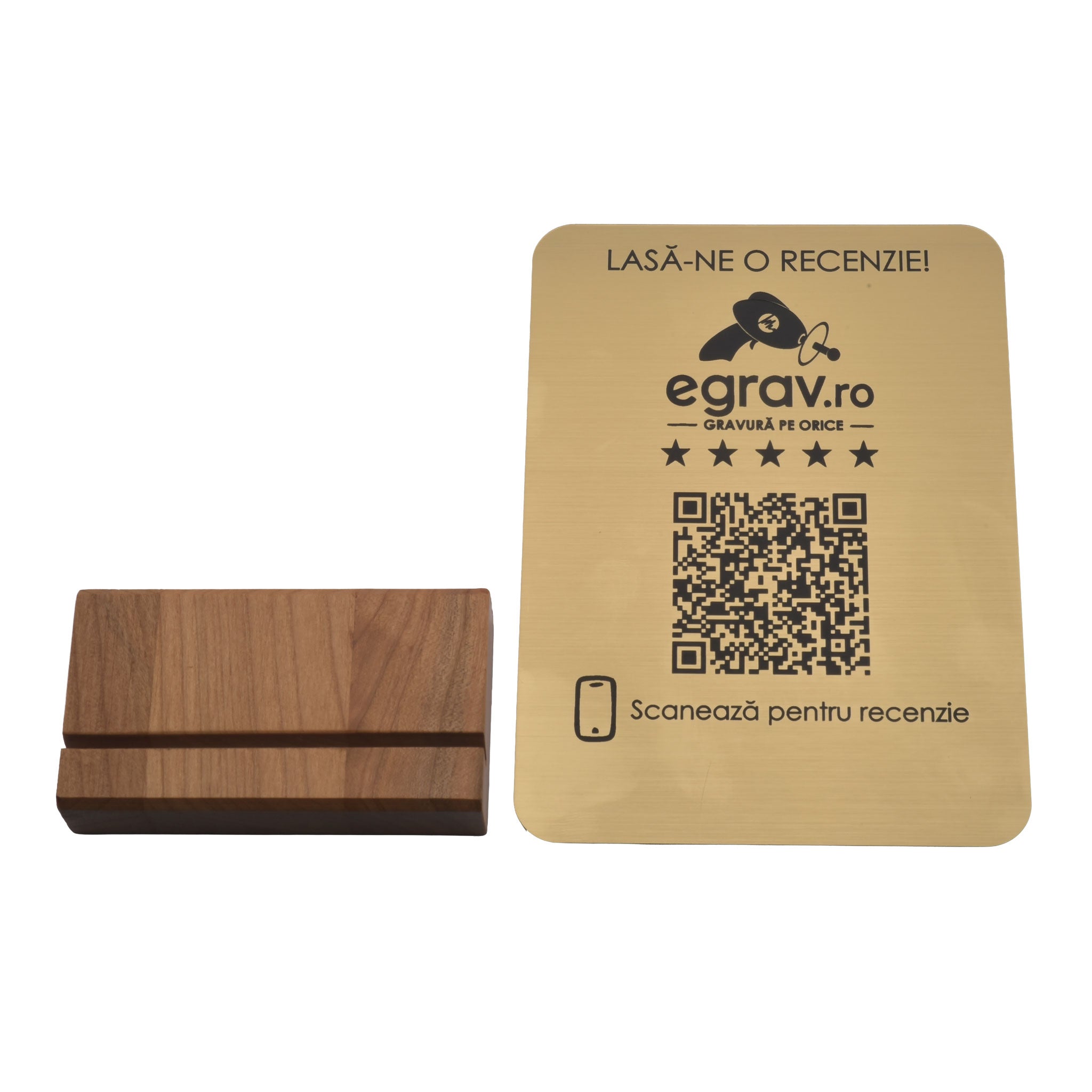 Stand Placa QR pentru Recenzii Google, Auriu cu Talpa Lemn, 17x11 cm