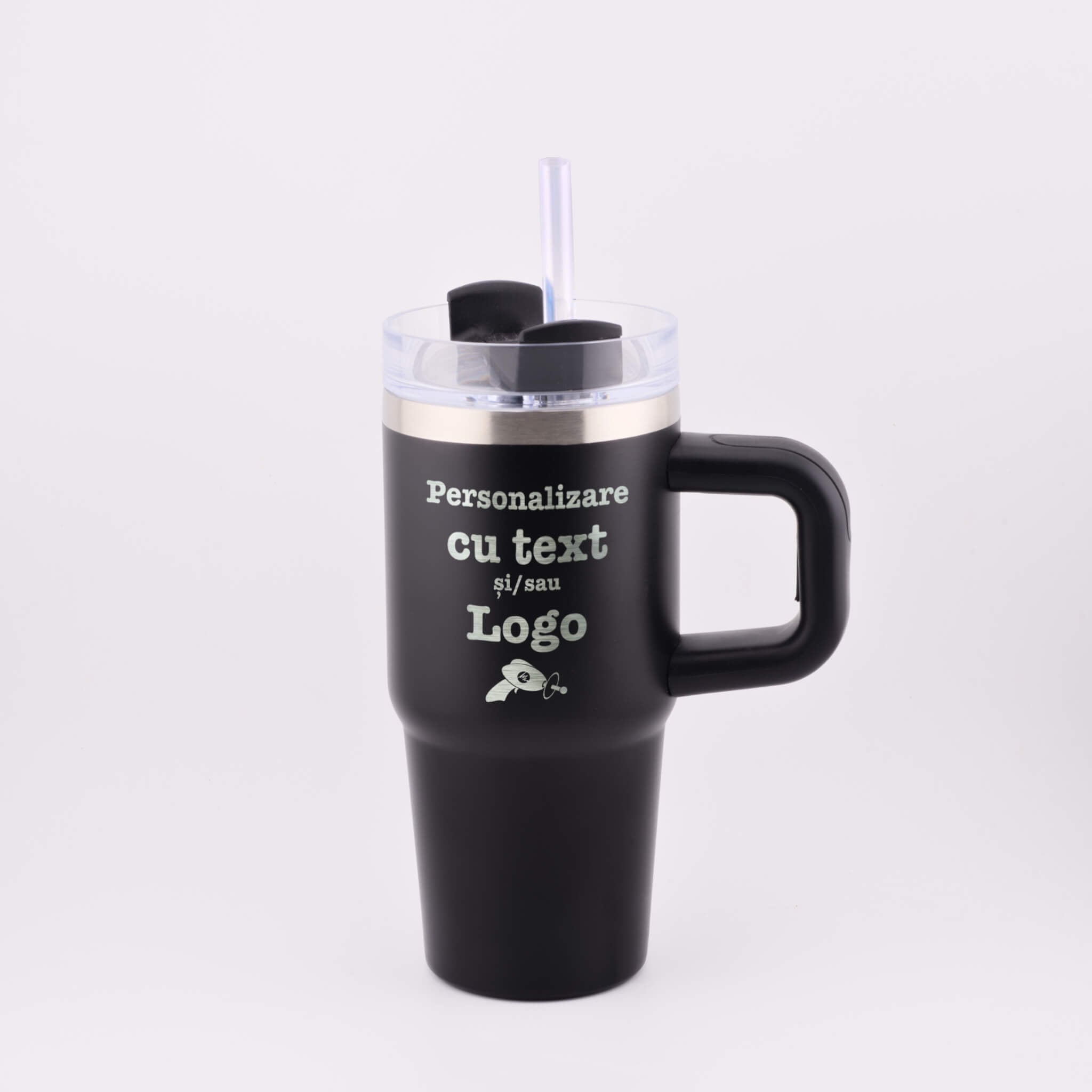 Termos negru mat cu pai si toarta personalizat cu text si logo