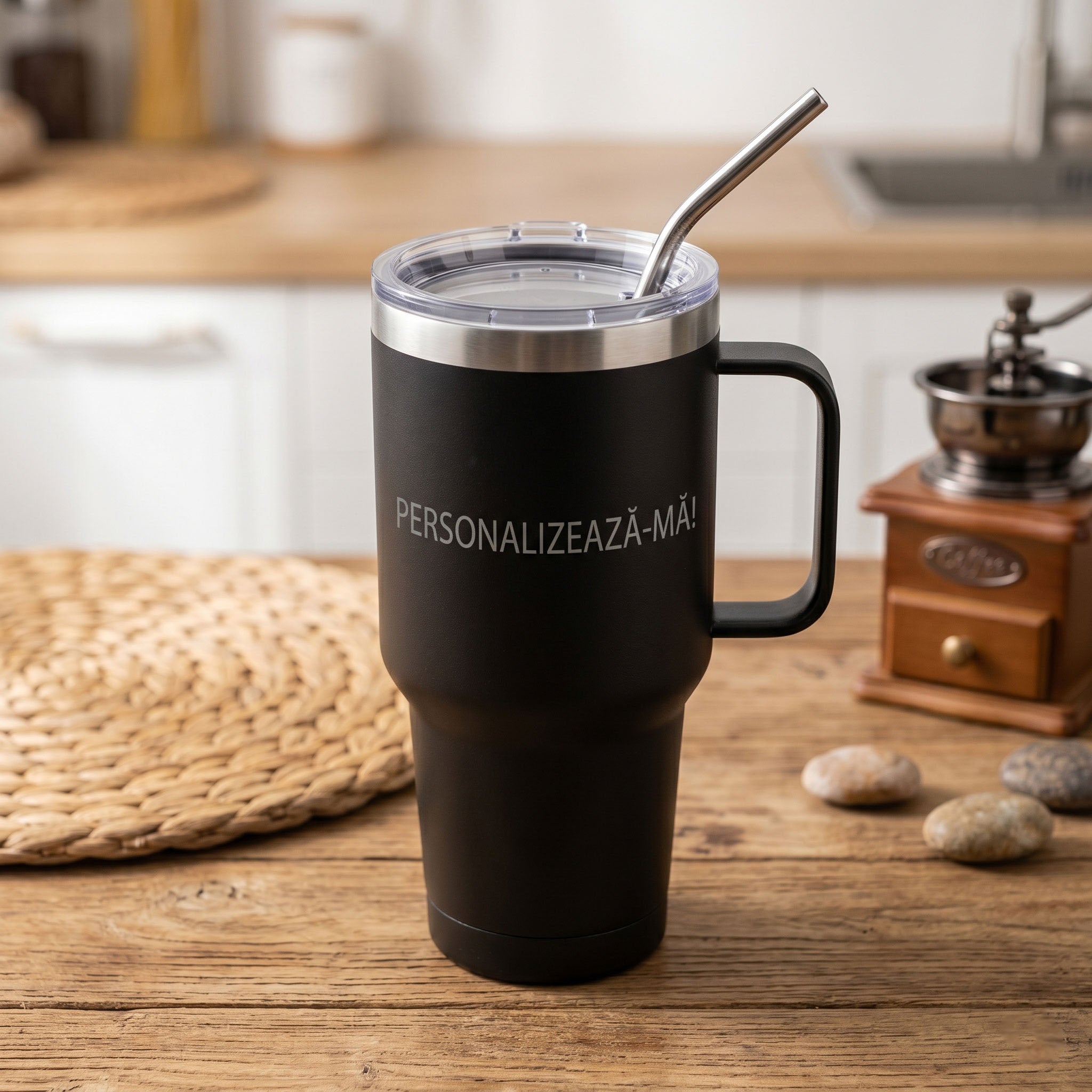 Cana termos personalizata de 890ml, dotata cu maner robust si pai din otel inoxidabil.