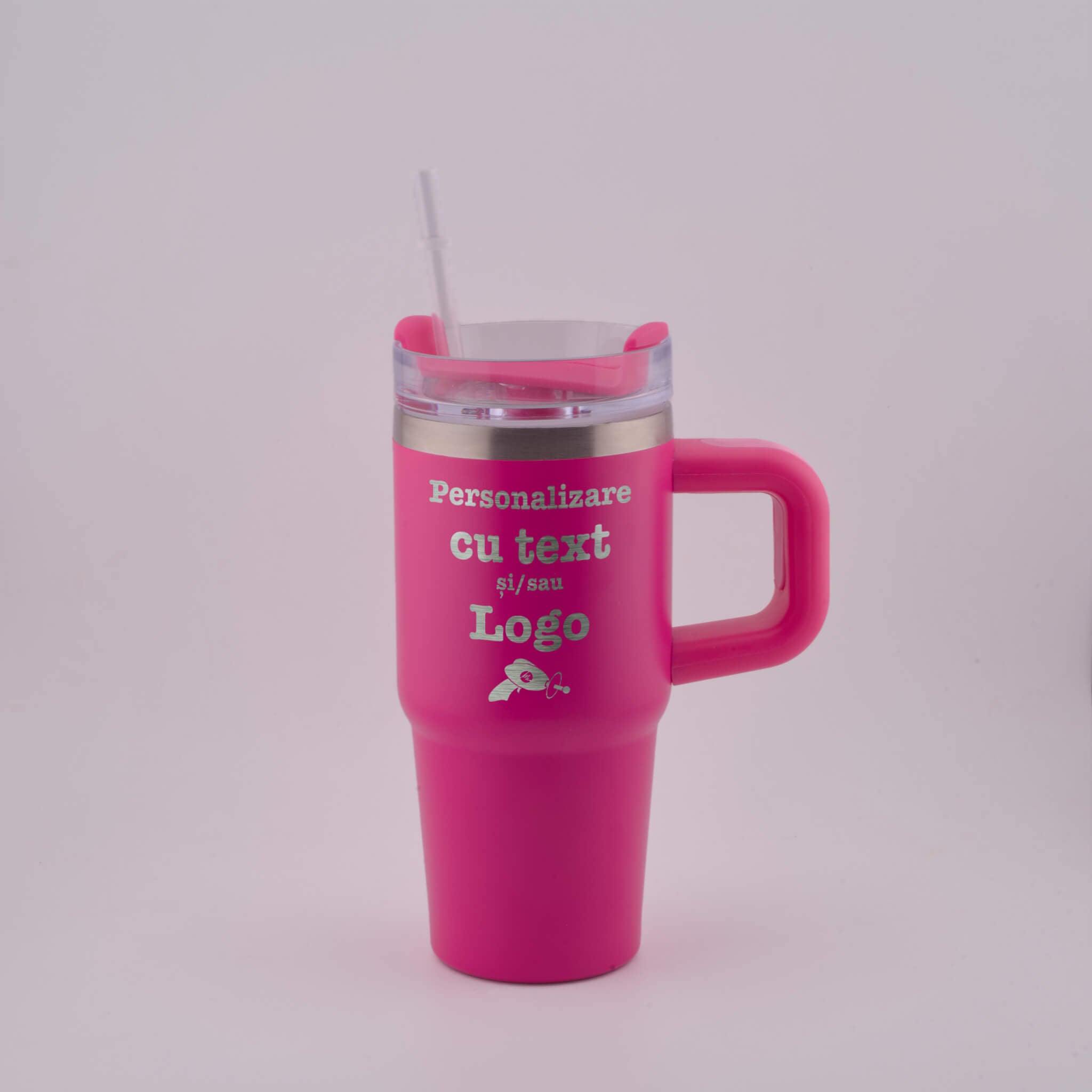 Cana termos roz mat personalizata cu maner si pai