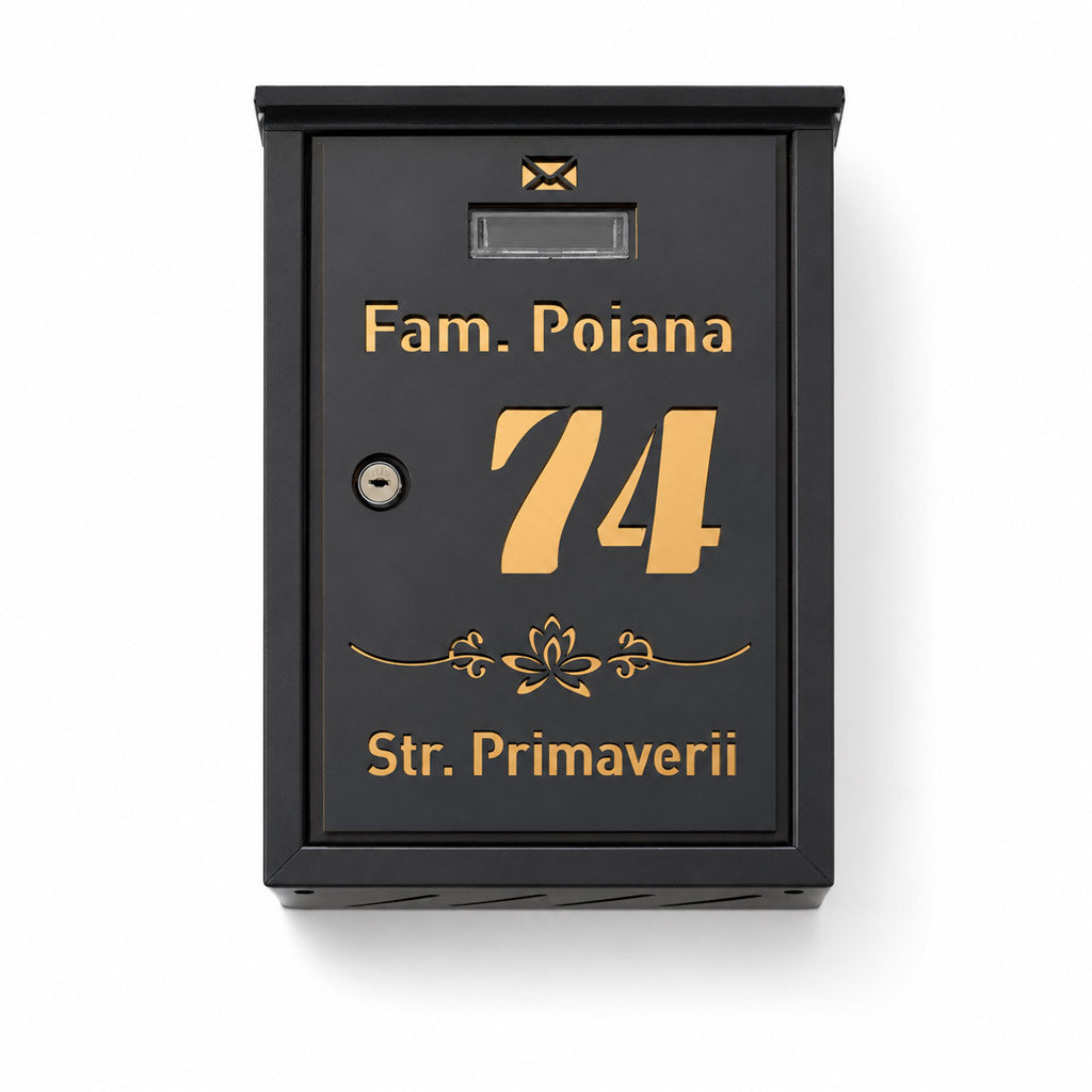 Cutie Postala Antracit, Auriu Oglinda, Personalizata cu Numar, Strada si Nume