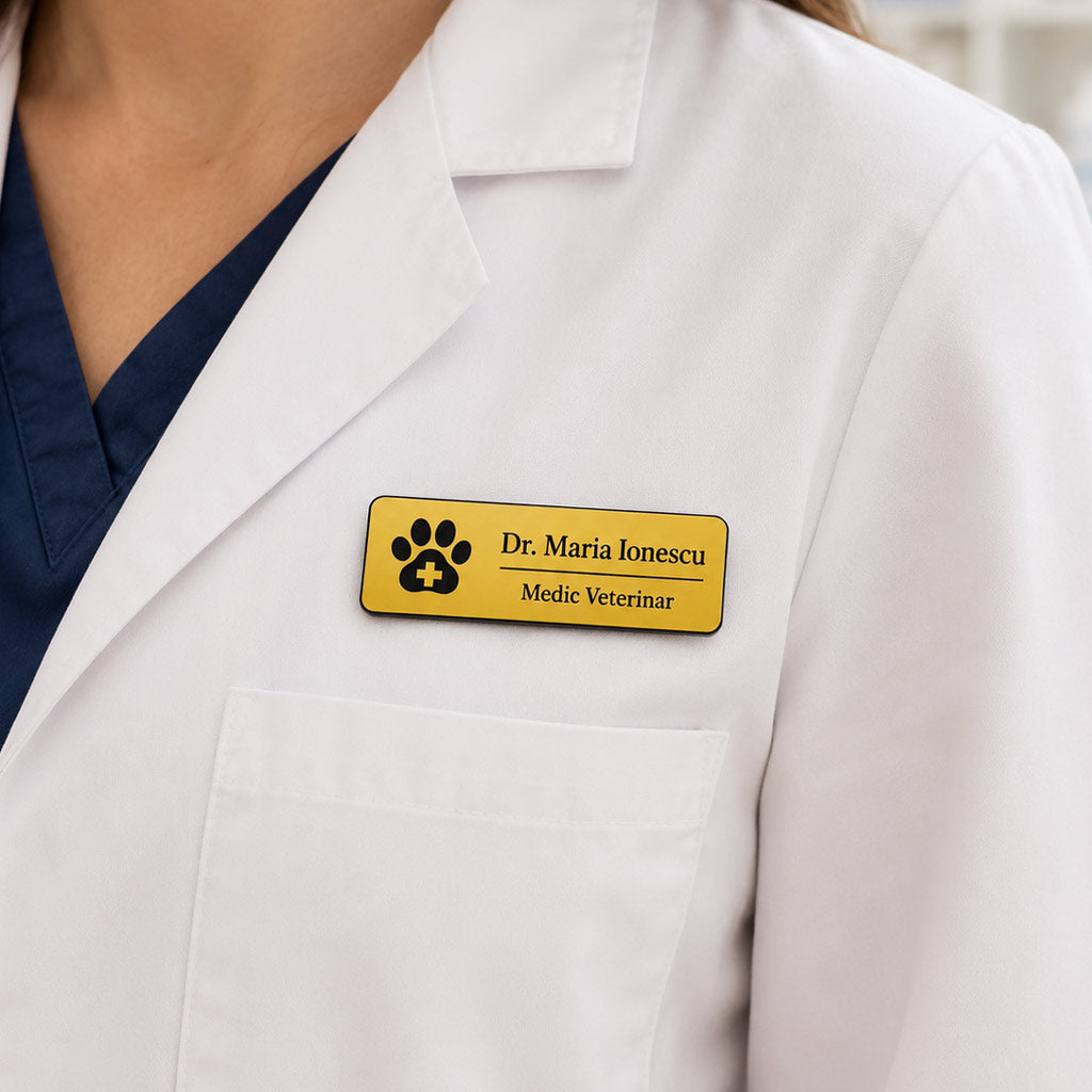 Ecuson Veterinar Personalizat 7x3 cm - Gravura Laser, 18 Culori