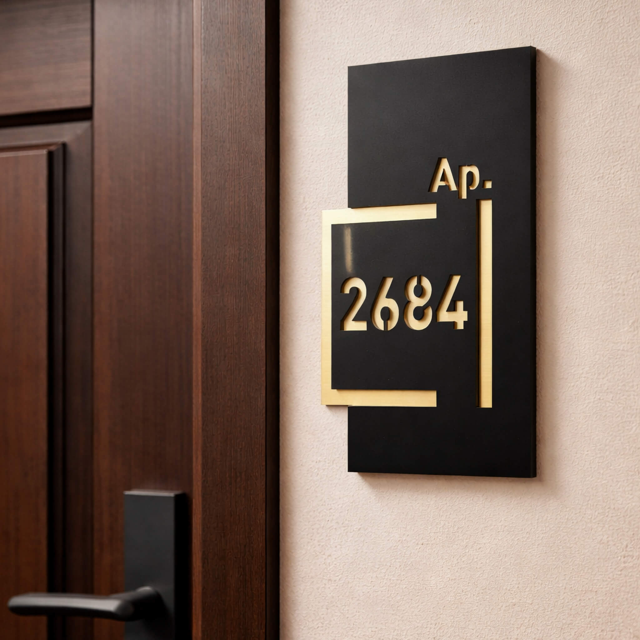 EDGE numar apartament negru mat auriu periat 30cm montat pe perete langa usa