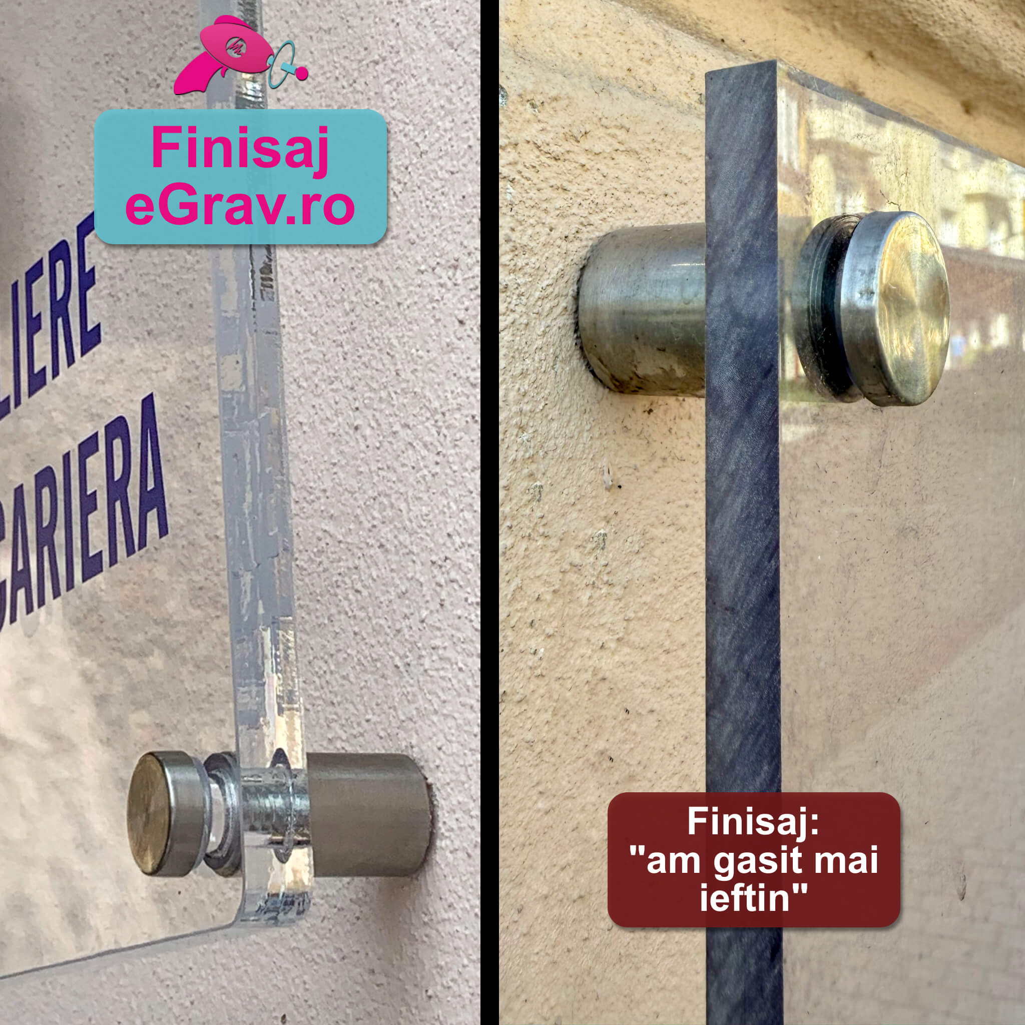 Detalii finisaje cant placa firma plexiglas transparent cu distantieri