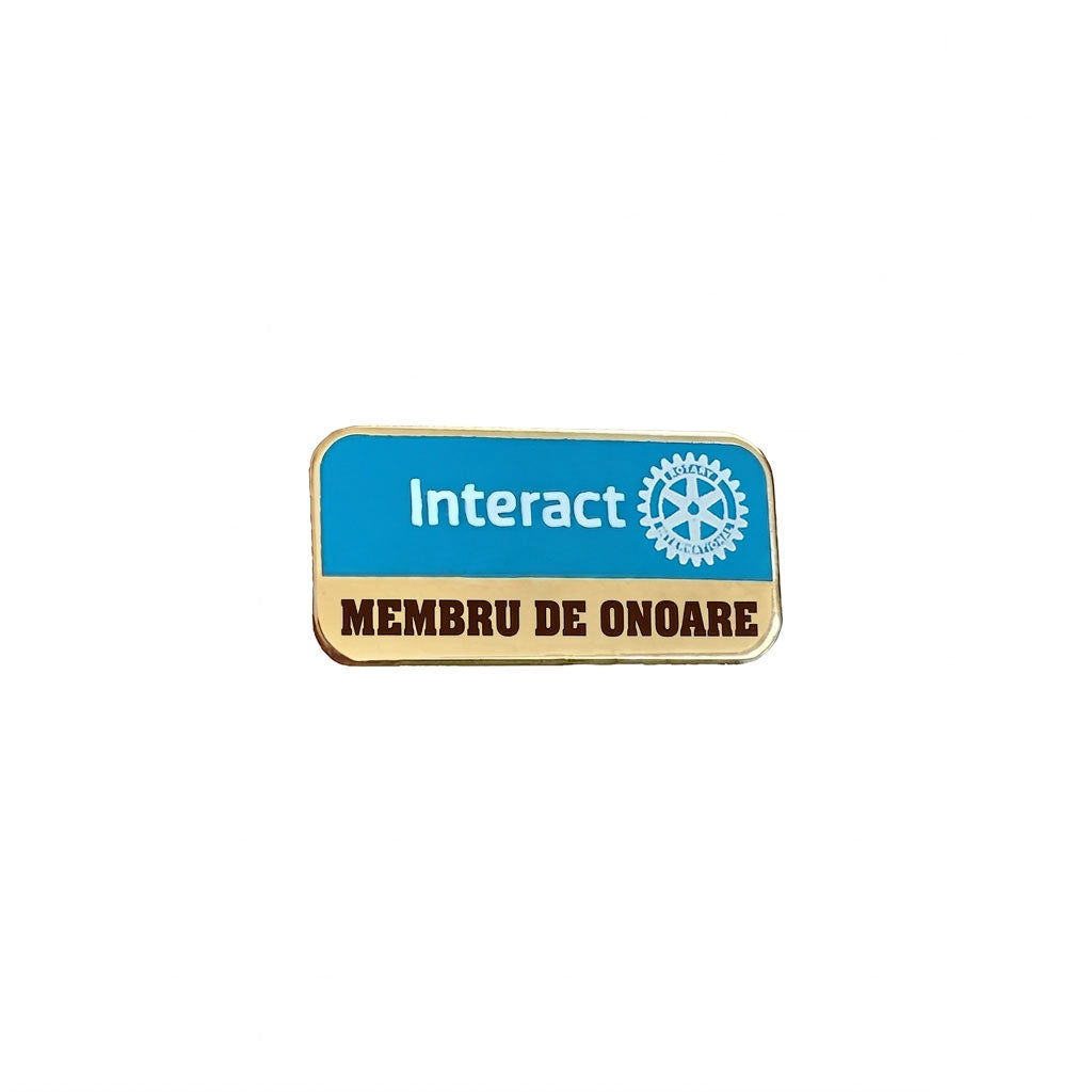Insigna pin metalica pentru titlul de Membru de Onoare in clubul Interact, realizata din metal stantat si placata cu aur de 24k.